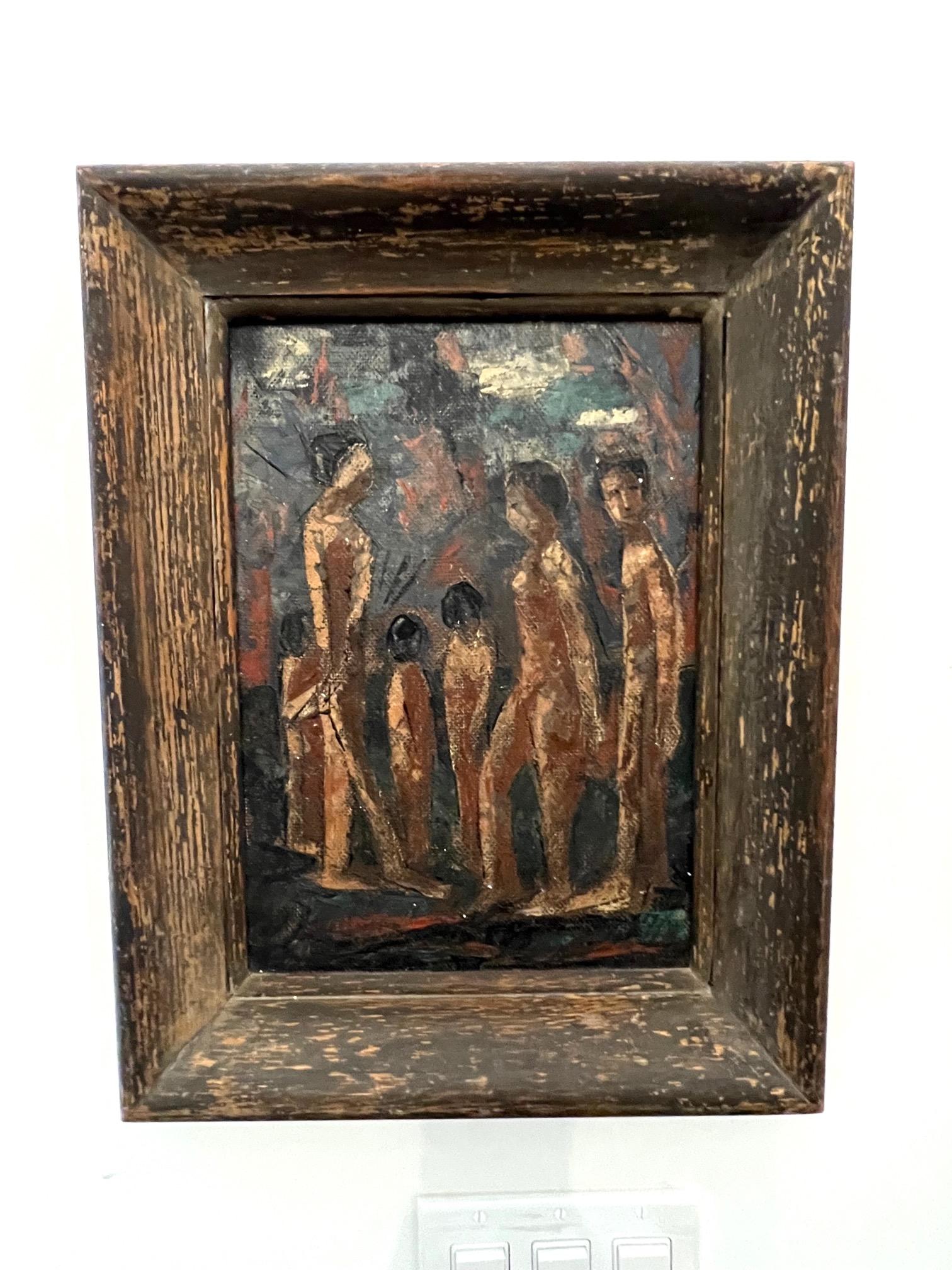 Mid-Century Modern Figural Painting of Indigenous People, Oil on Board, c. 1940 For Sale 5