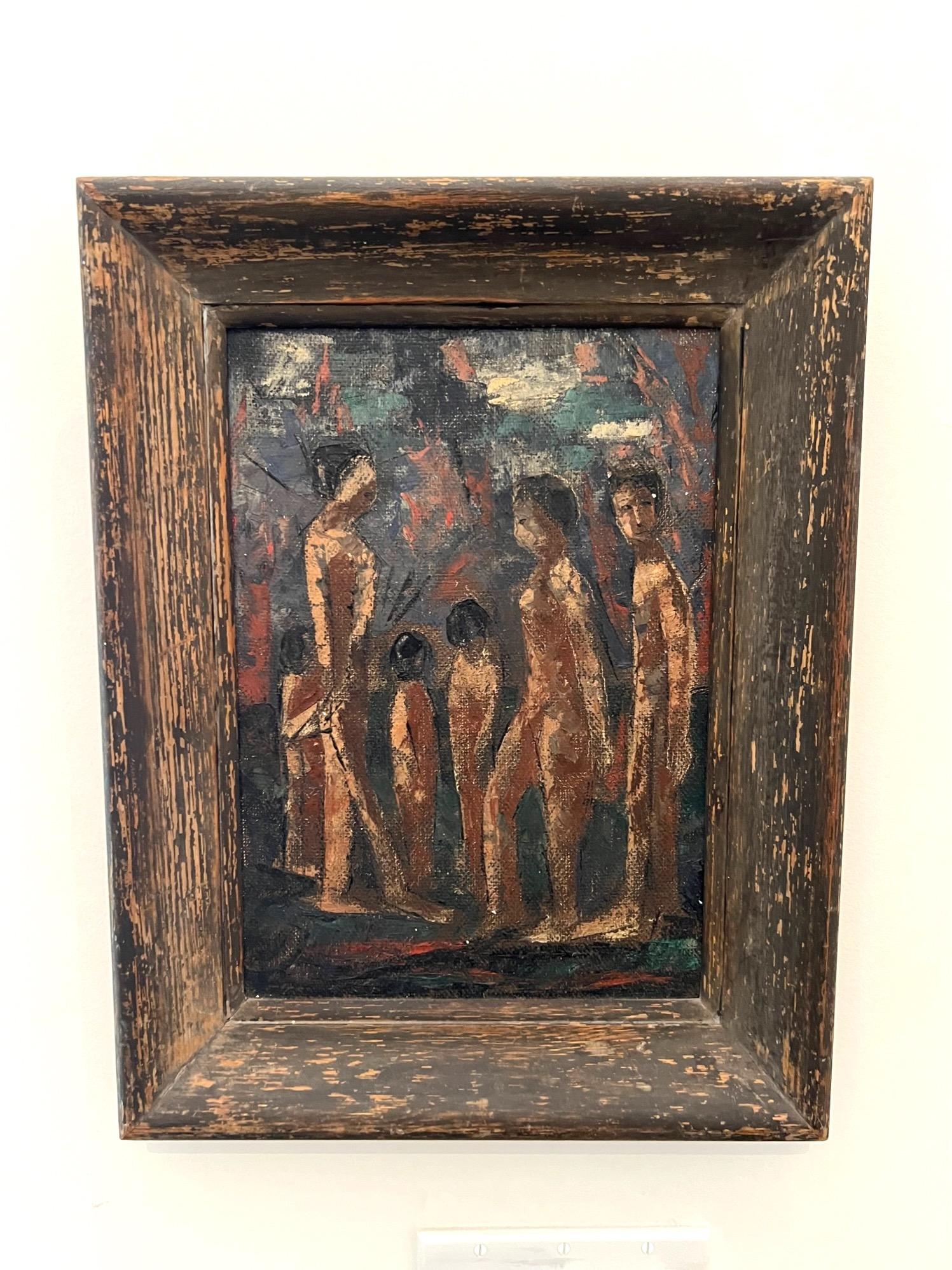 Outstanding 1940's oil on board painting in original custom shadowbox wood frame with distressed finish. The figural painting depicts an indigenous people or tribe unclothed, in what appears to be a wooded area with perhaps some semblance of clouds