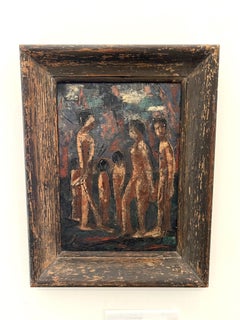 Mid-Century Modern Figural Painting of Indigenous People, Oil on Board, c. 1940