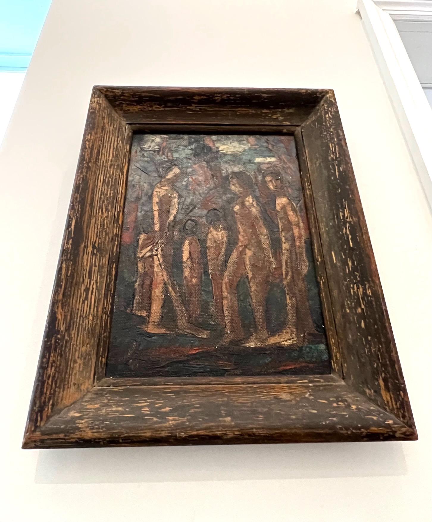 American Mid-Century Modern Figural Painting of Indigenous People, Oil on Board, c. 1940 For Sale