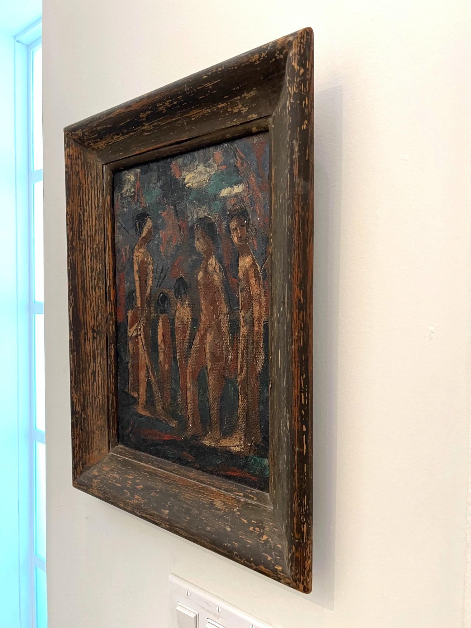 Hand-Crafted Mid-Century Modern Figural Painting of Indigenous People, Oil on Board, c. 1940 For Sale