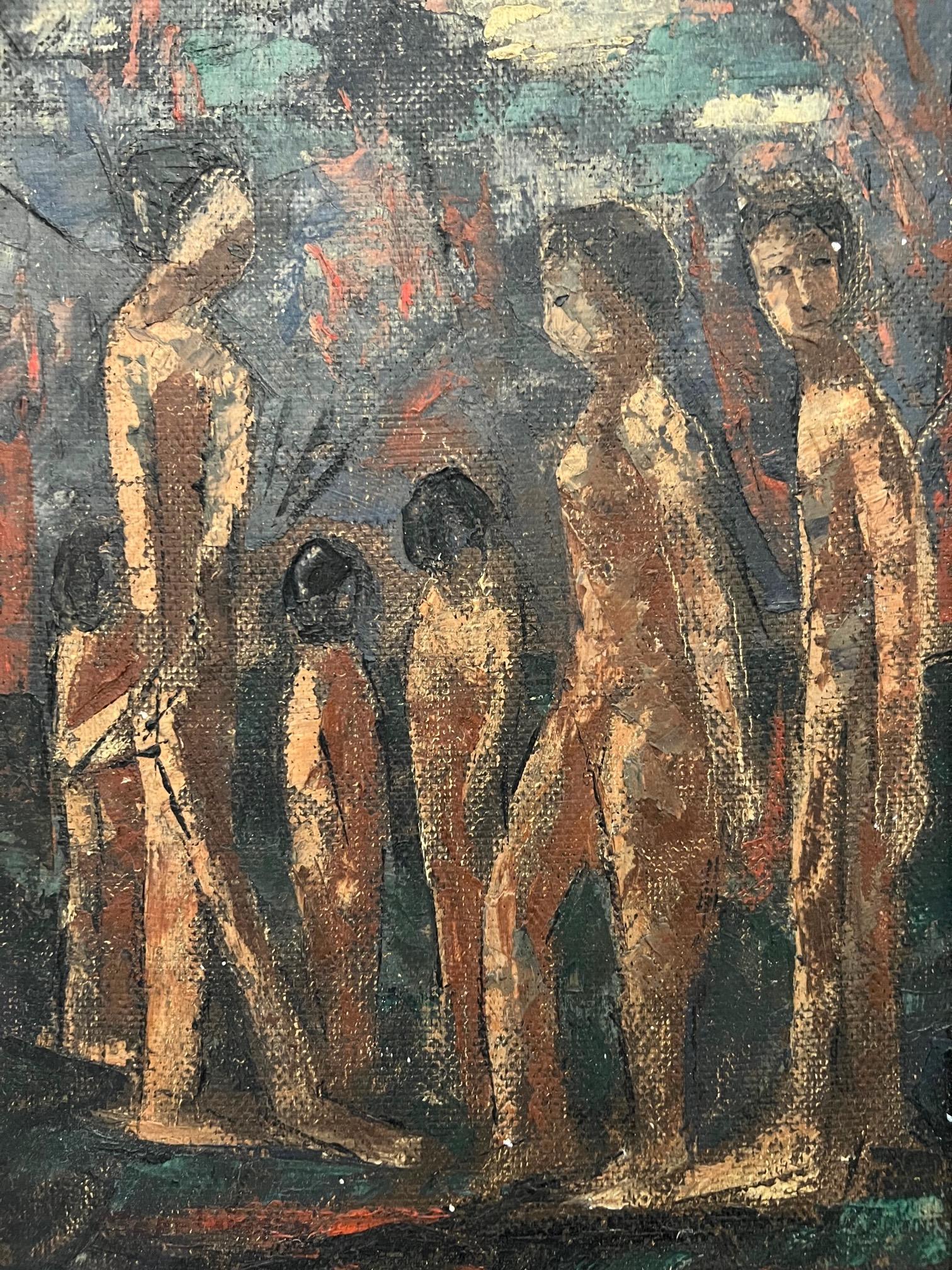 Mid-Century Modern Figural Painting of Indigenous People, Oil on Board, c. 1940 In Good Condition For Sale In Fort Lauderdale, FL