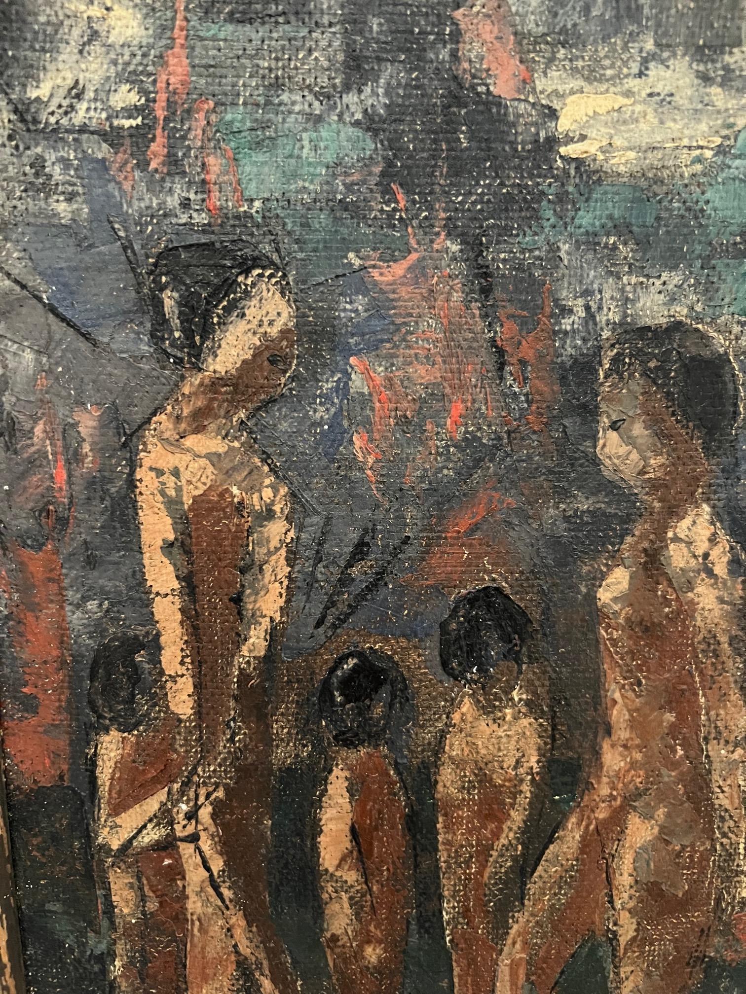 Peinture figurative de personnes autochtones du milieu du siècle dernier, huile sur panneau, vers 1940 Bon état - En vente à Fort Lauderdale, FL