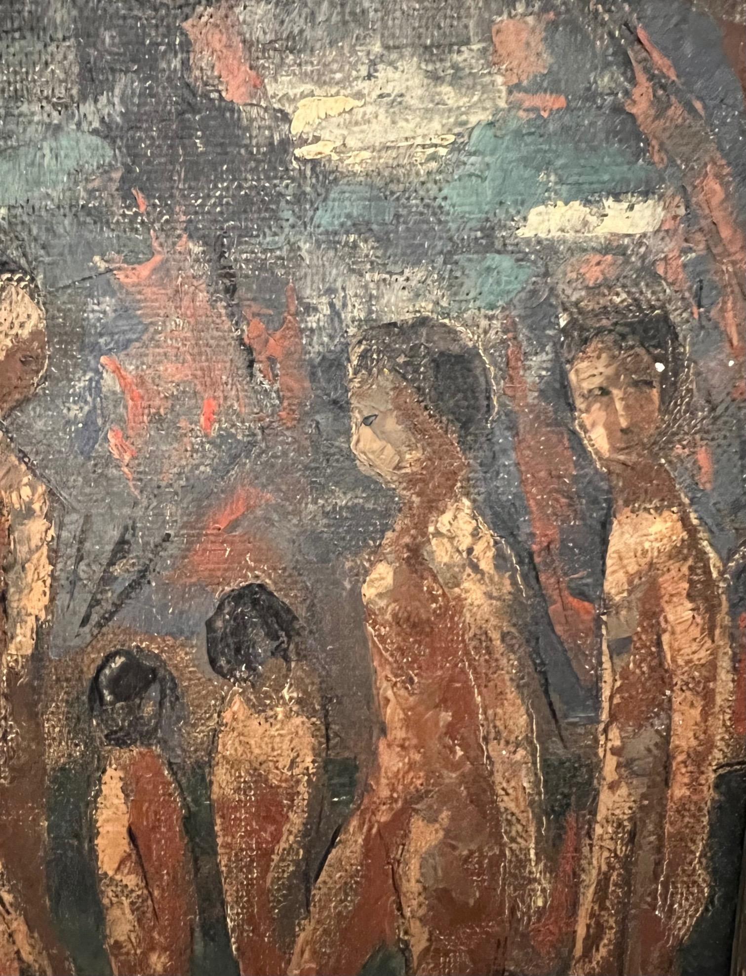Peinture figurative de personnes autochtones du milieu du siècle dernier, huile sur panneau, vers 1940 en vente 1