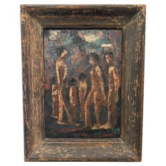 Mid-Century Modern Figural Painting of Indigenous People, Oil on Board, c. 1940