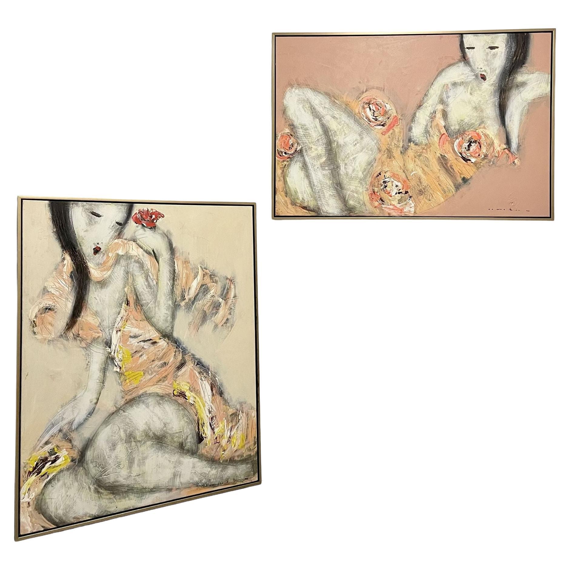 Modernes figuratives Gemälde aus der Mitte des Jahrhunderts, orientalisch, eines von einem Paar, signiert