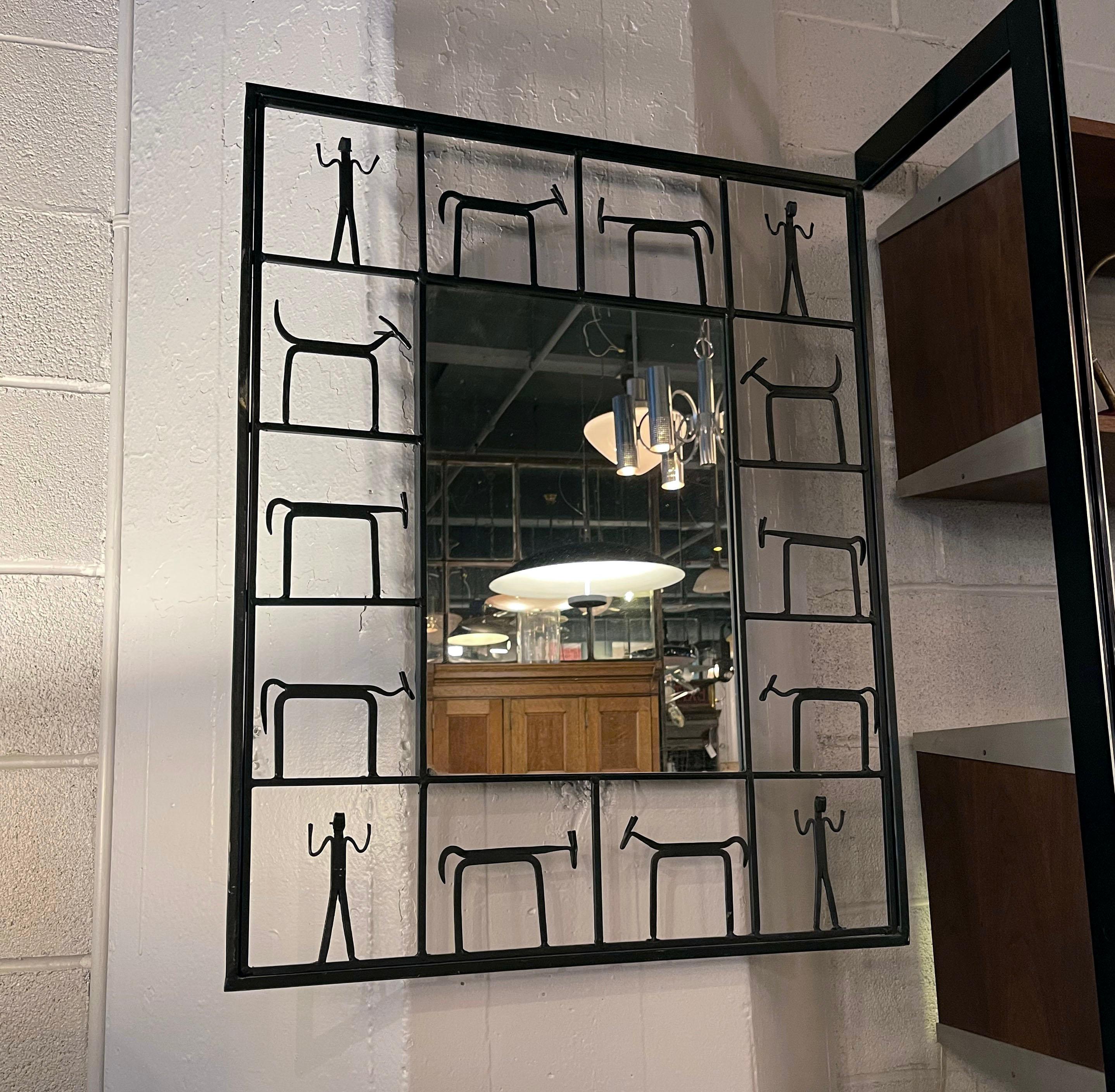 American Mid-Century Modern Figurative Wrought Iron Mirror by Frederick Weinberg