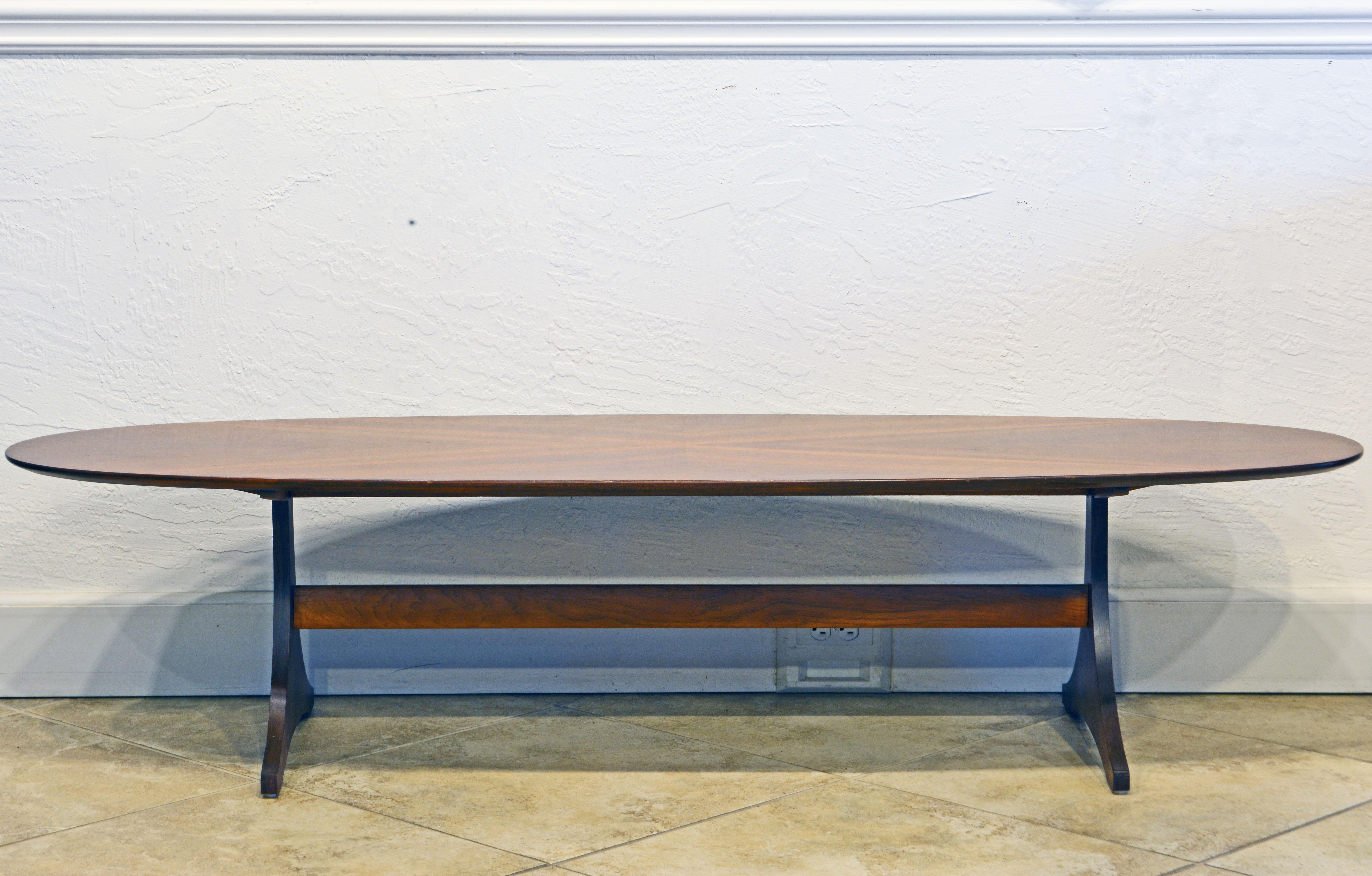 Mid-Century Modern Mid-Century Figured Solid Walnut Surf Board Style Coffee Table by Custom Craft