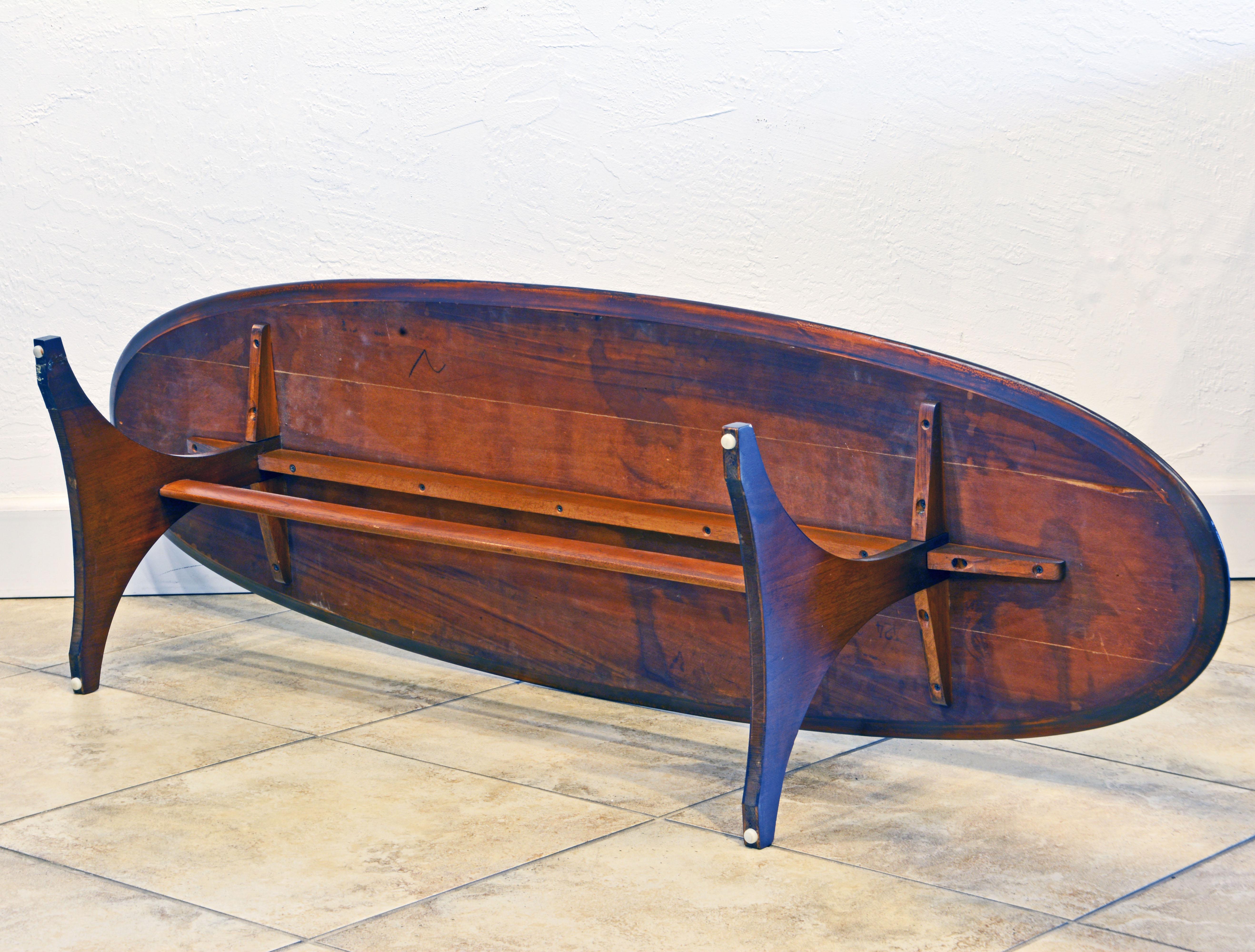 American Mid-Century Figured Solid Walnut Surf Board Style Coffee Table by Custom Craft