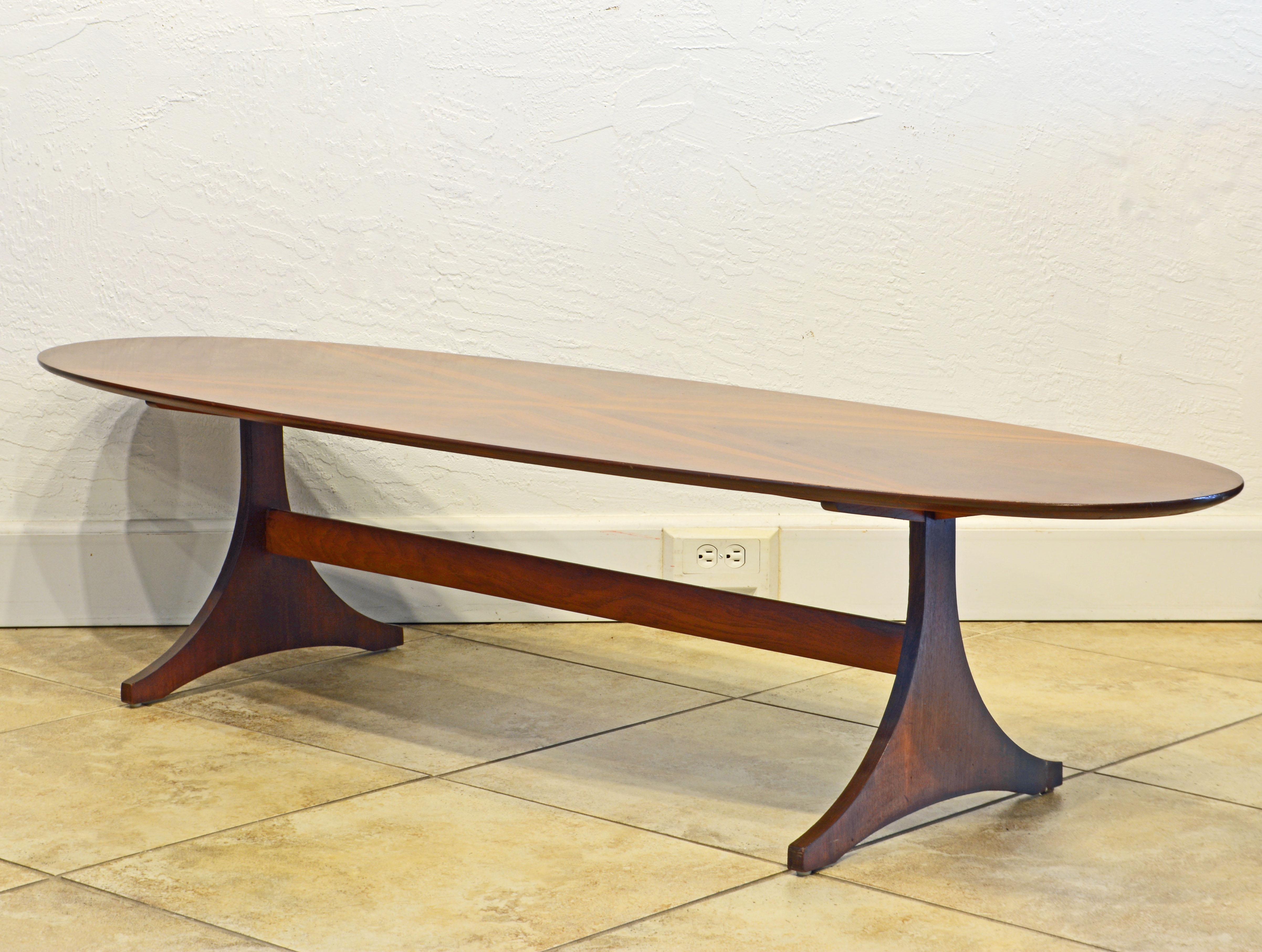 Wood Mid-Century Figured Solid Walnut Surf Board Style Coffee Table by Custom Craft