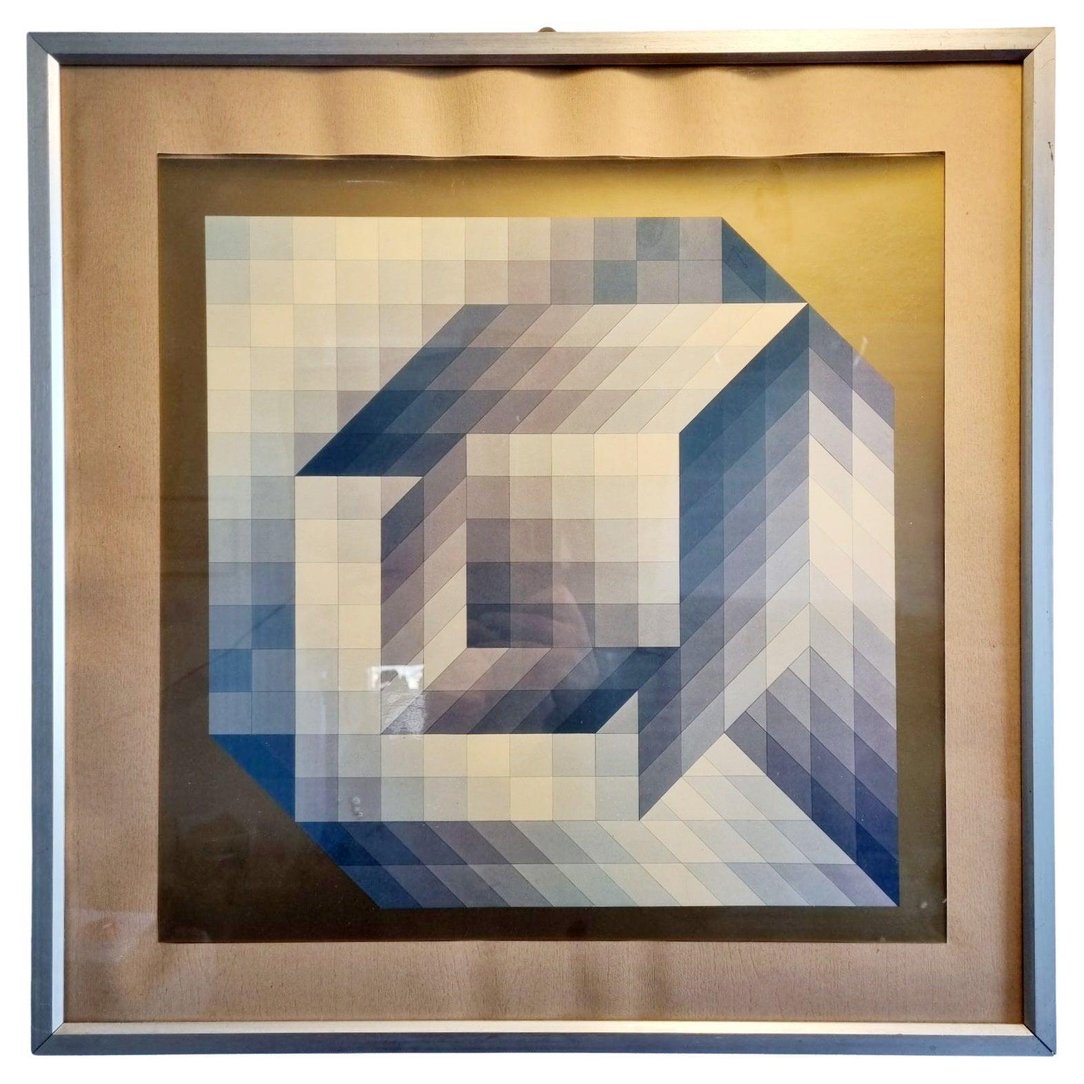 Mid Century Modern Fine Art Print by Victor Vasarely, Opart Print, 70s
