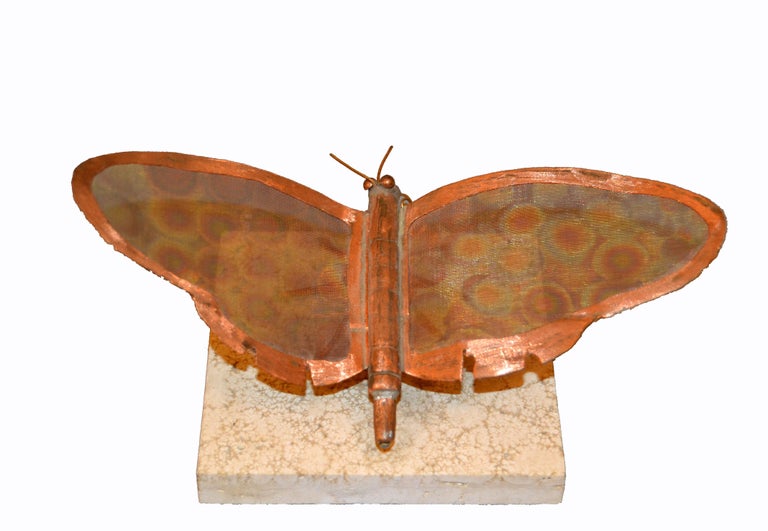 Hand-Crafted Mid-Century Modern Fine Art Sculpture Shaped Butterfly in Copper Terracotta Tile For Sale