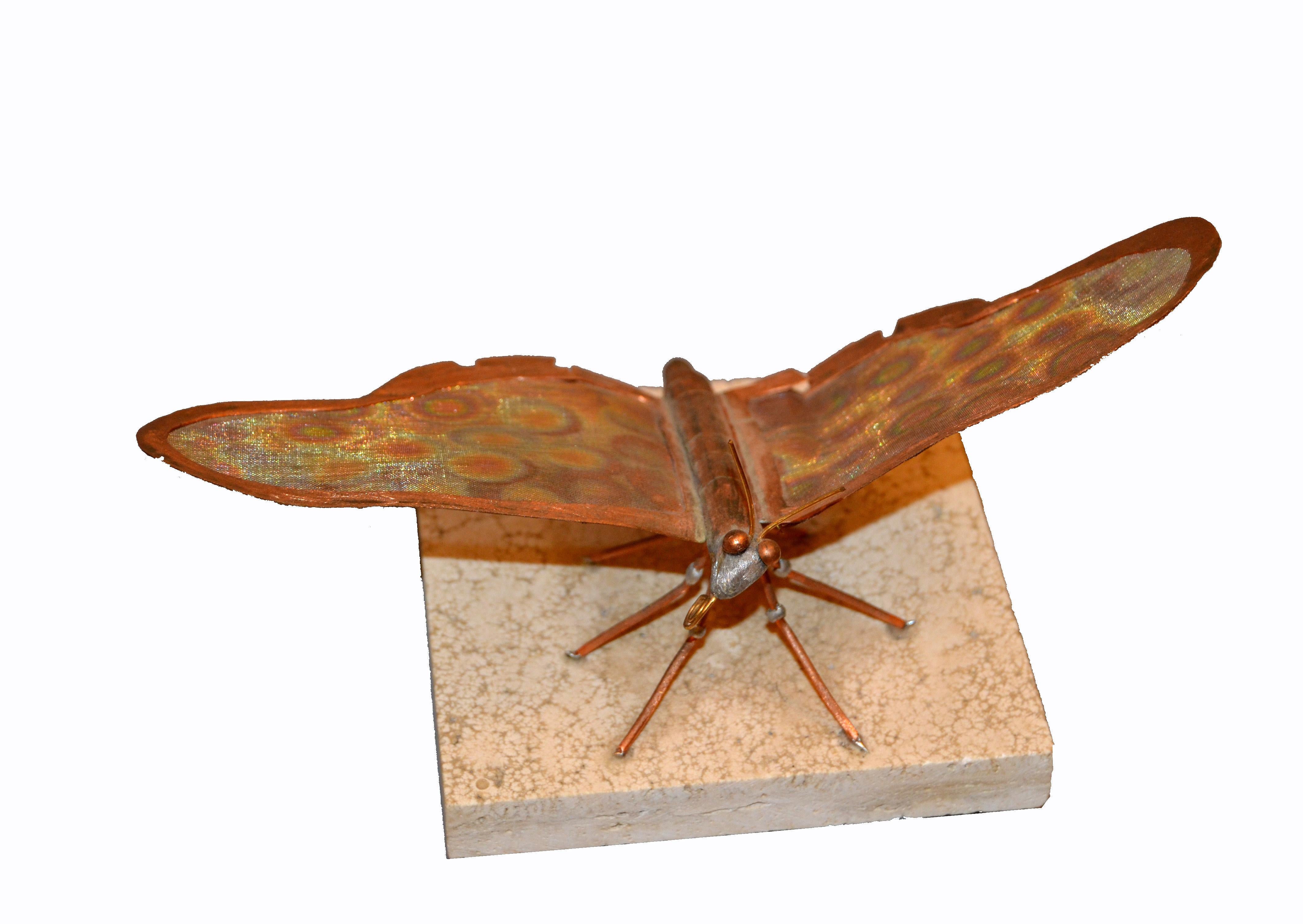 Hand-Crafted Mid-Century Modern Fine Art Sculpture Shaped Butterfly in Copper Terracotta Tile For Sale