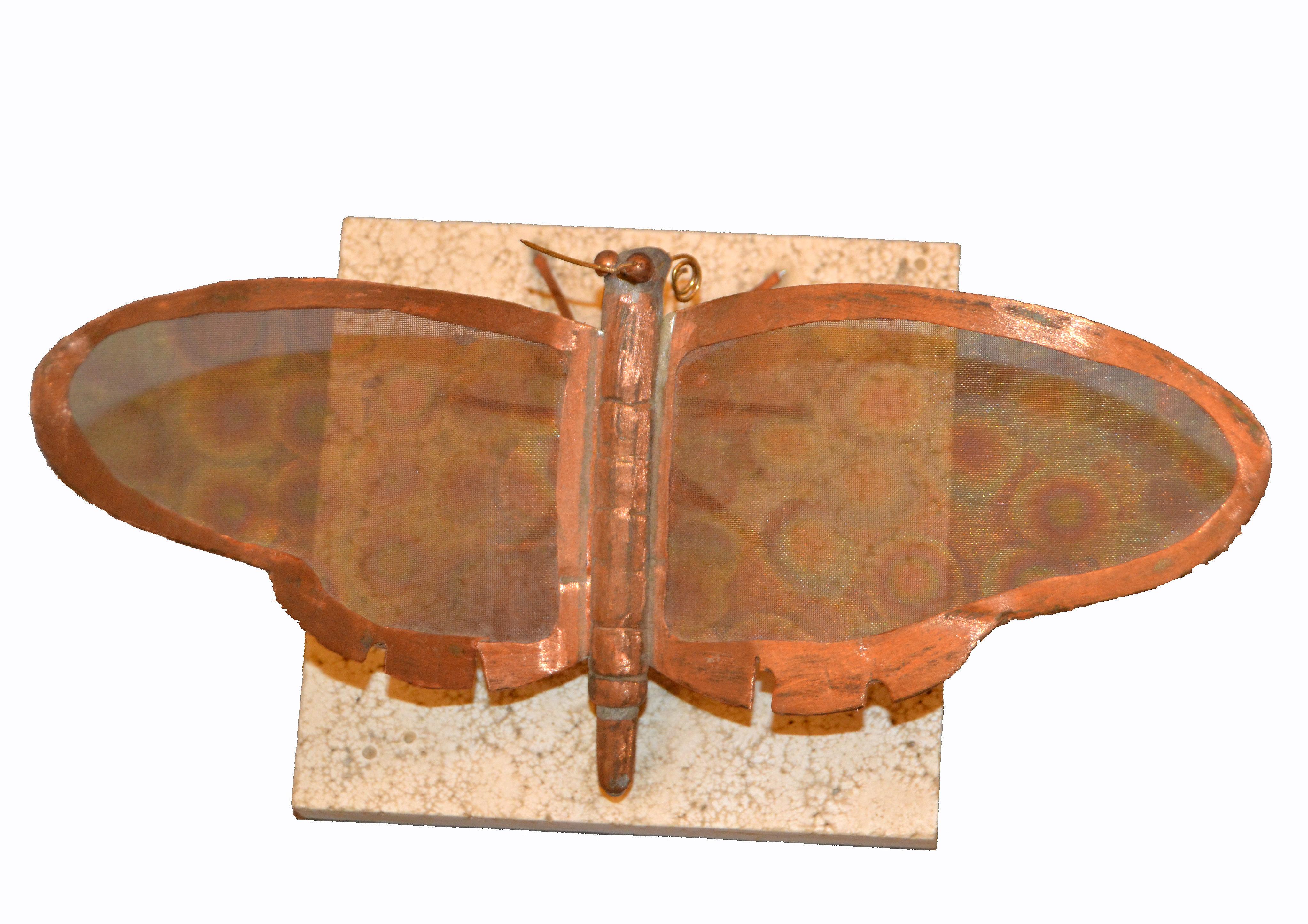 Mid-Century Modern Fine Art Sculpture Shaped Butterfly in Copper Terracotta Tile For Sale 1