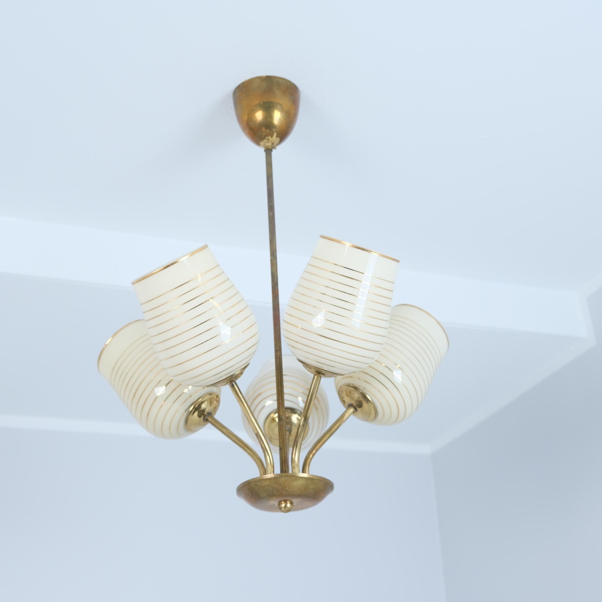 Scandinavian Modern Mid-Century Modern Finnish Design Lamp in Brass and Hand Painted Glass, 1950s For Sale