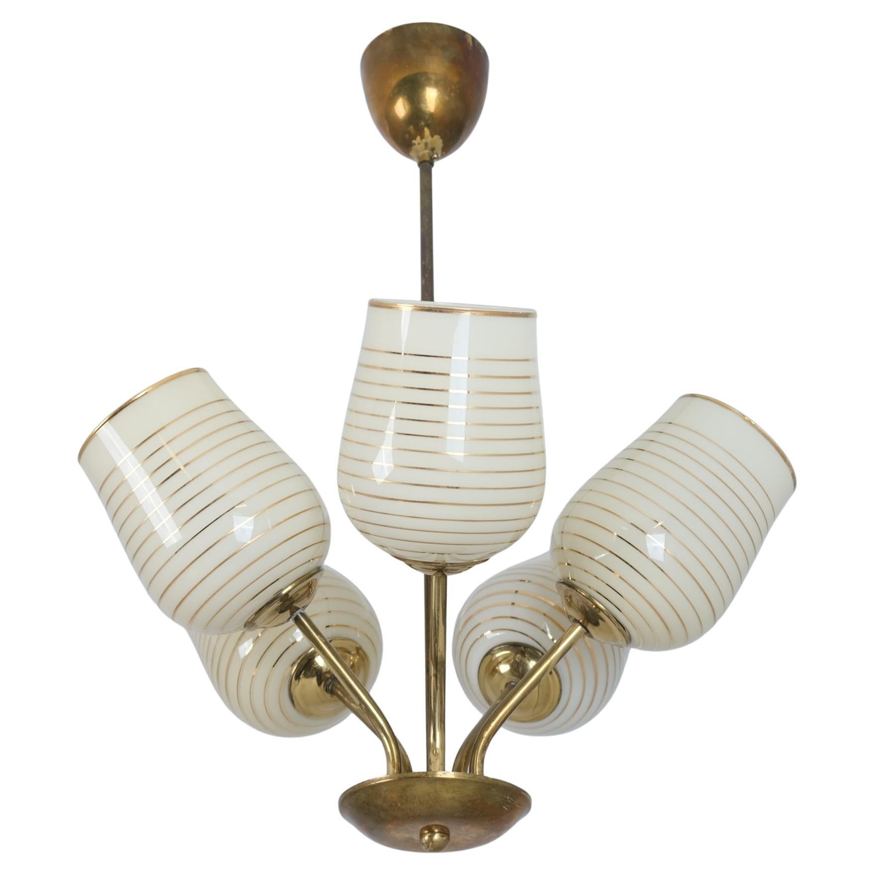 Mid-Century Modern Finnish Design Lamp in Brass and Hand Painted Glass, 1950s For Sale