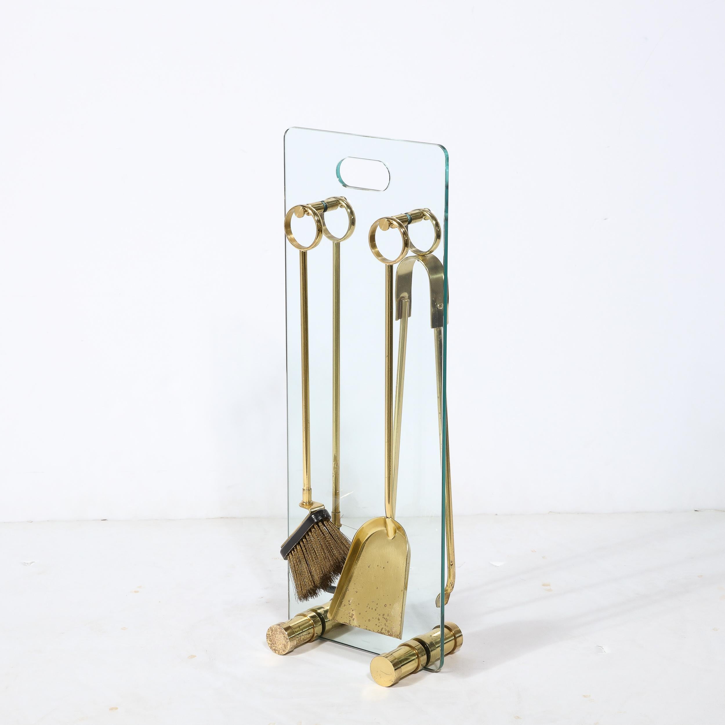 Set di utensili da fuoco moderni di metà secolo in vetro e ottone lucido con smalto nero in vendita 5