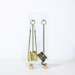 Modernes Feuerwerkzeug-Set aus Glas und poliertem Messing mit schwarzer Emaille aus der Mitte des Jahrhunderts