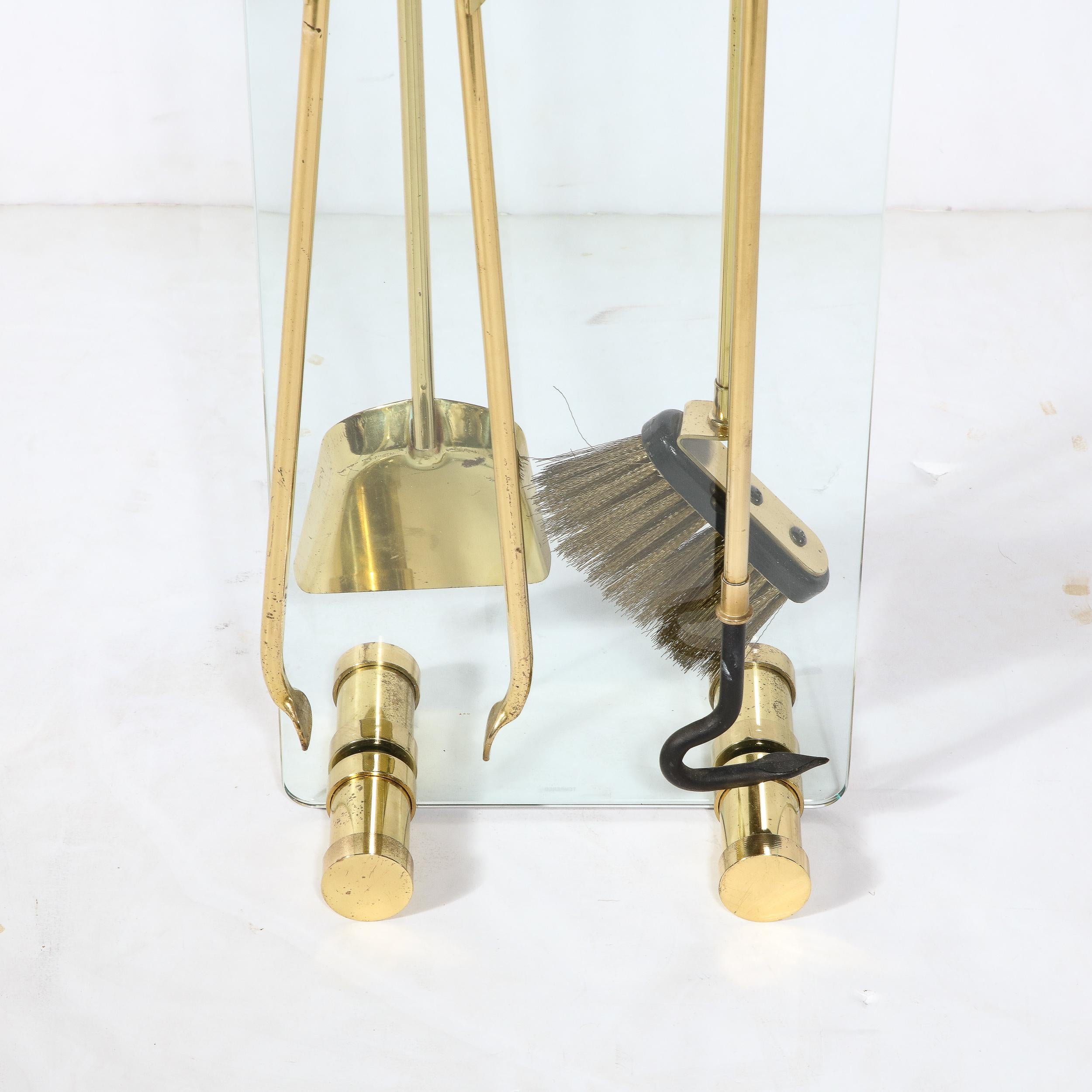 French Mid-Century Modern Fire Tool Set in Glass and Polished Brass w/ Black Enamel For Sale