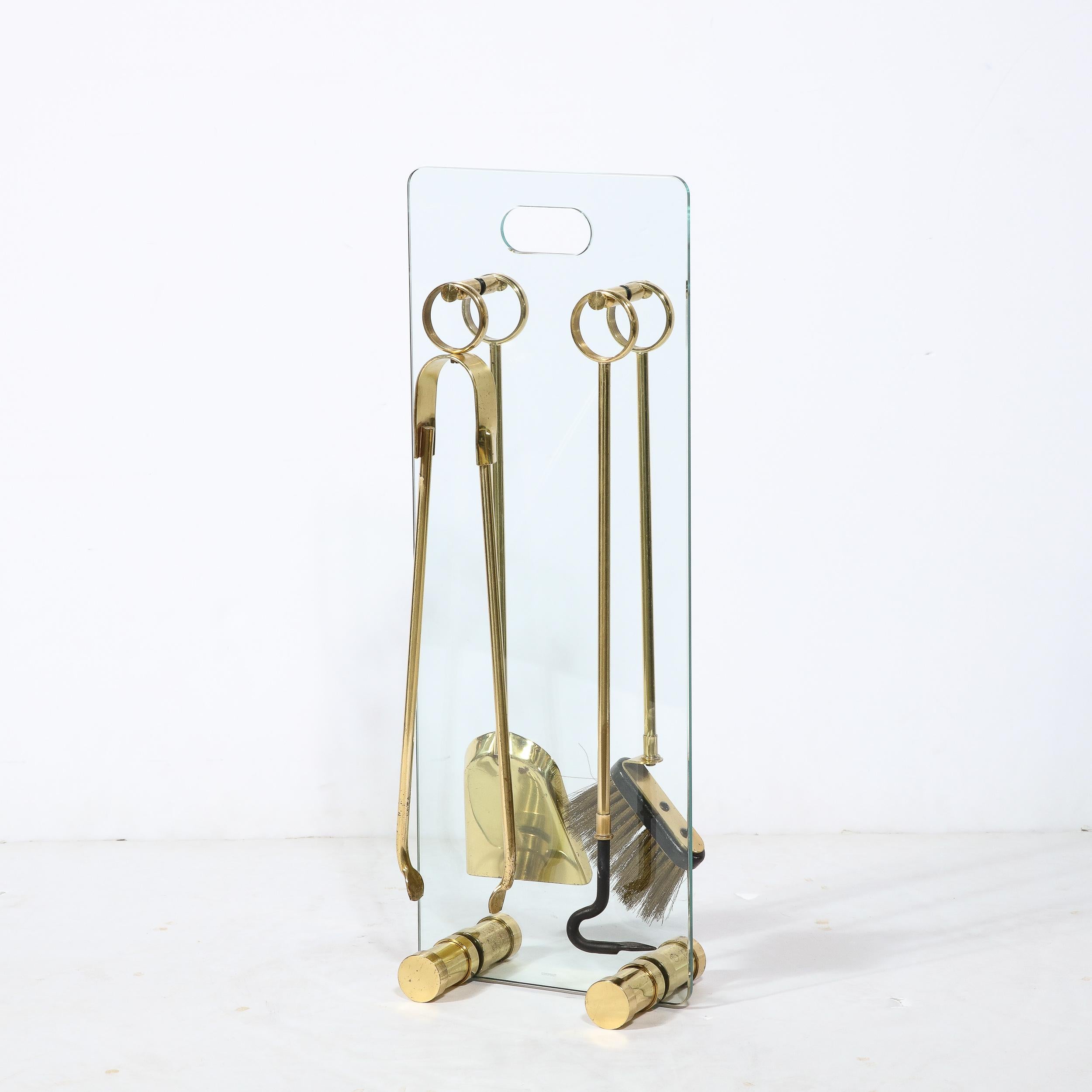 Set di utensili da fuoco moderni di metà secolo in vetro e ottone lucido con smalto nero In condizioni ottime in vendita a New York, NY