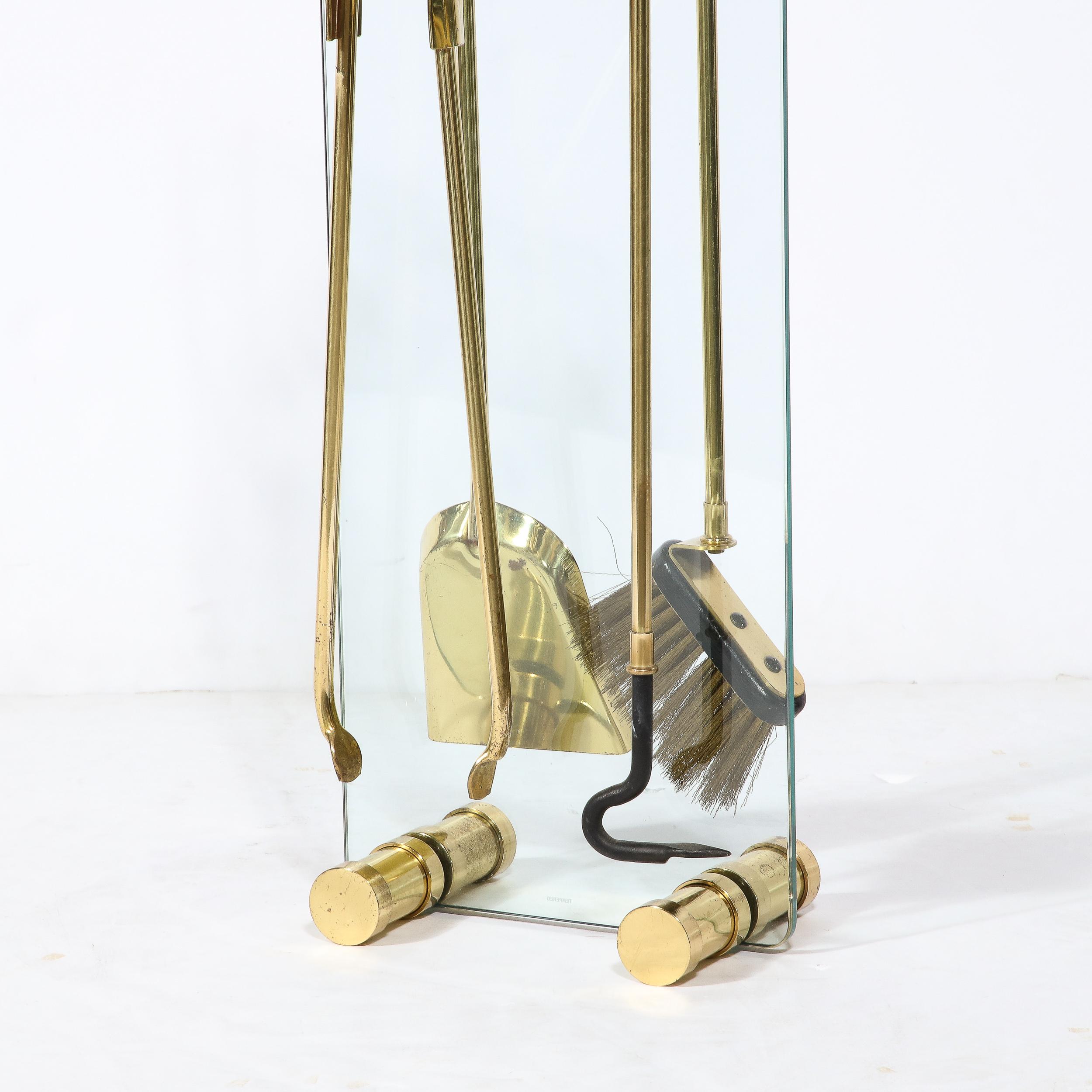 Mid-Century Modern Fire Tool Set in Glass and Polished Brass w/ Black Enamel For Sale 1