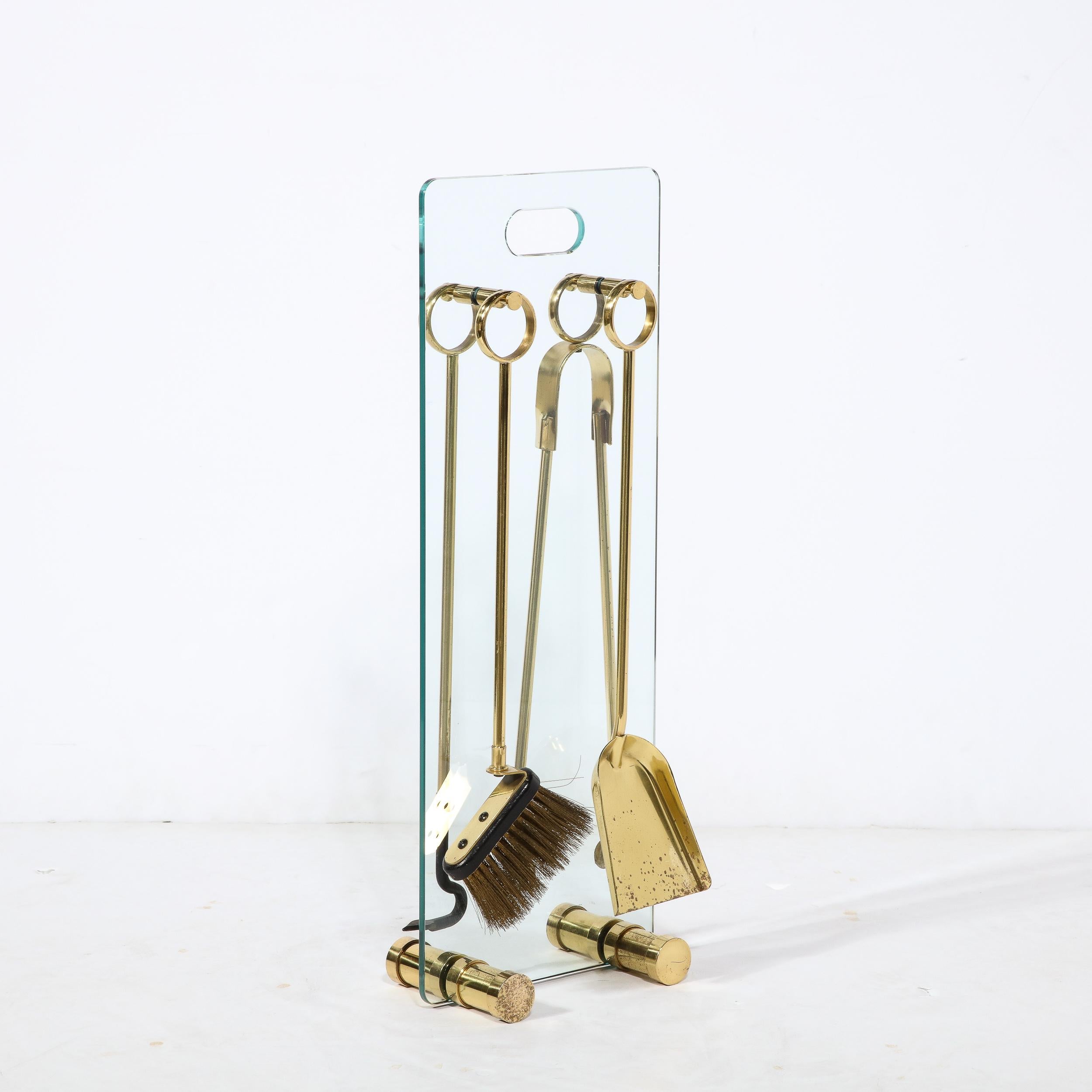 Mid-Century Modern Fire Tool Set in Glass and Polished Brass w/ Black Enamel For Sale 4
