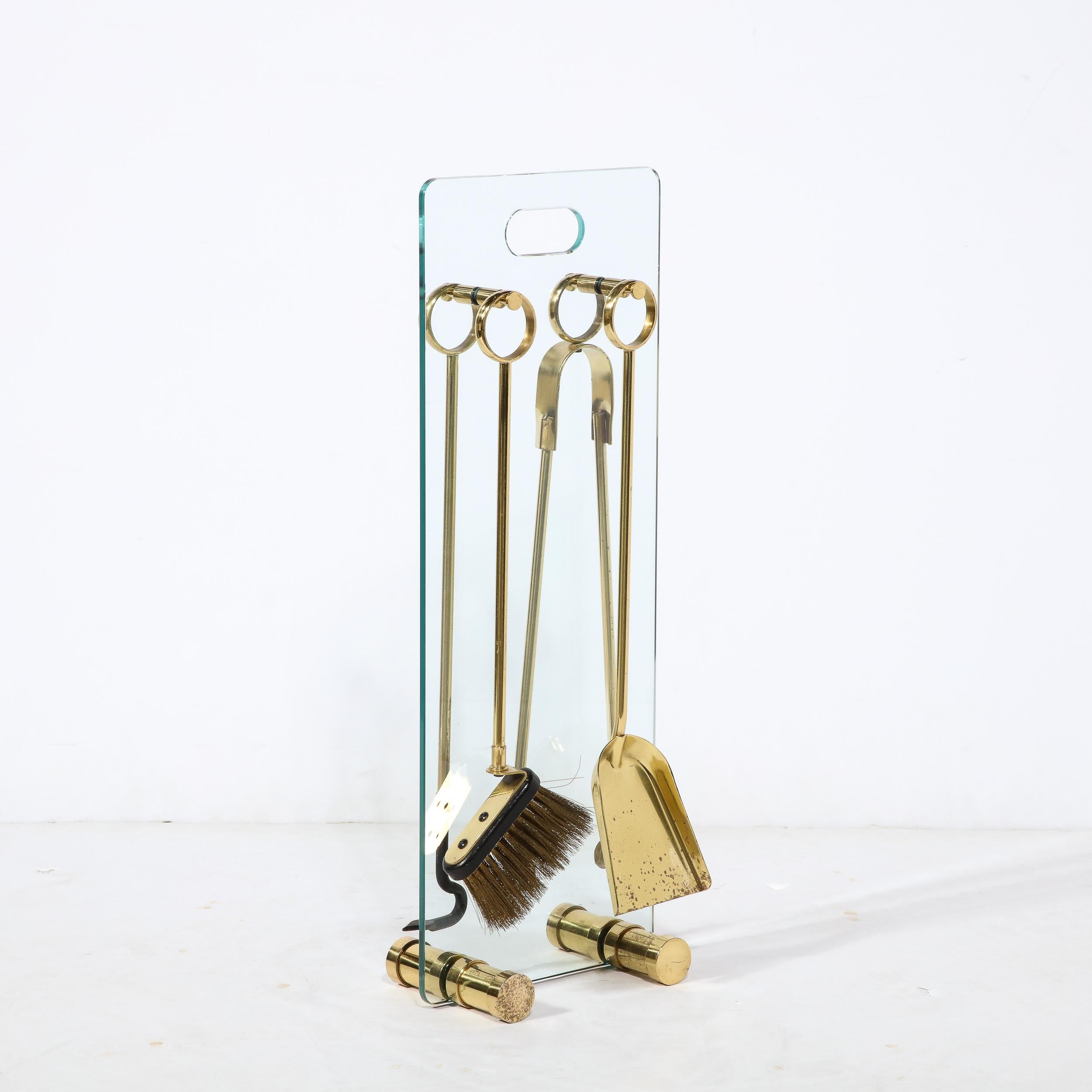 Set di utensili da fuoco moderni di metà secolo in vetro e ottone lucido con smalto nero in vendita 2