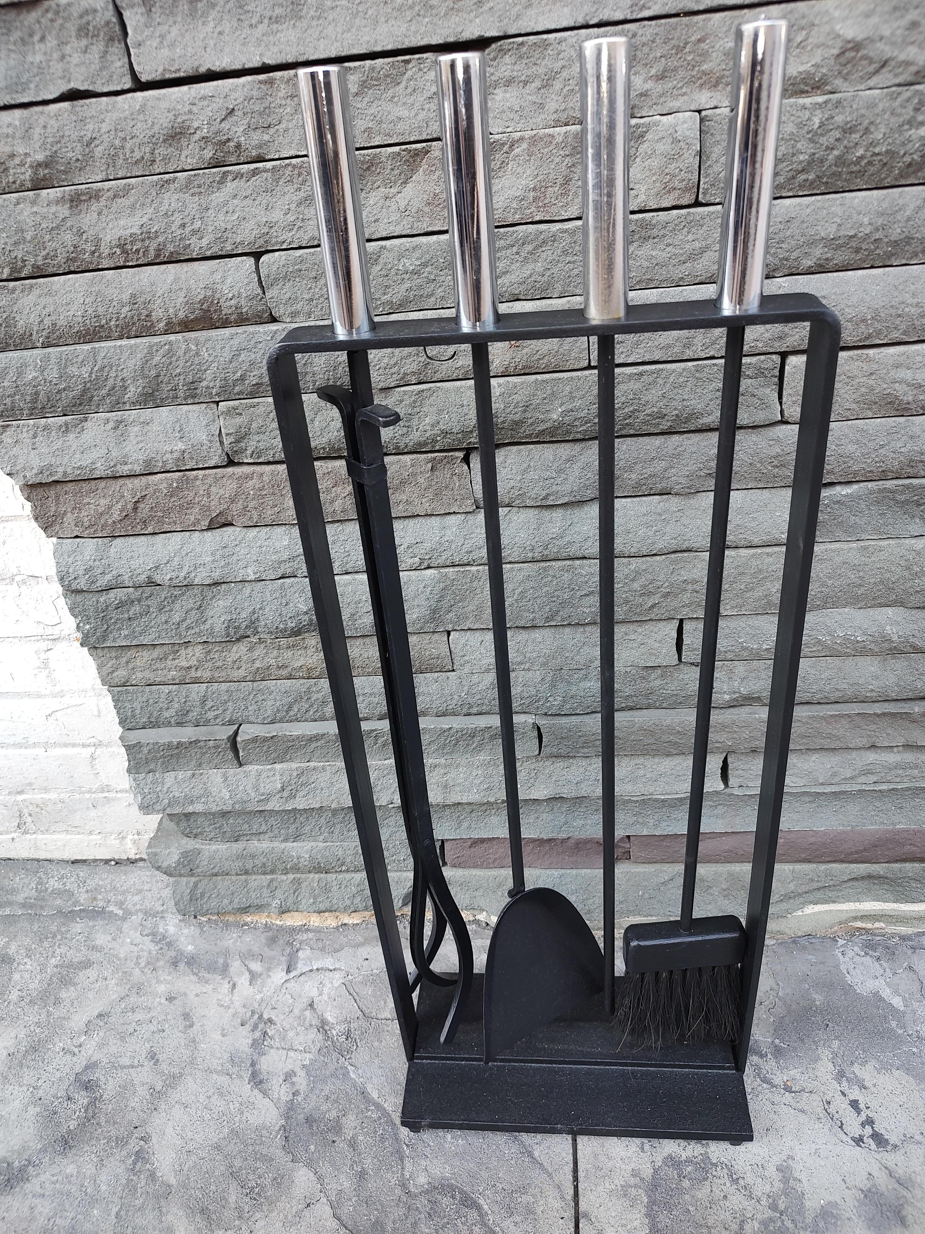 Mid-Century Modern Fireplace Tool Set Iron with Chrome In Good Condition In Port Jervis, NY