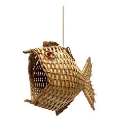 Mid-Century Modern Fish Wicker Rattan Pendant Lamp, 1960s