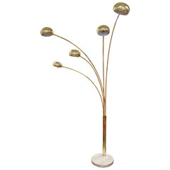 Vintage Mid-Century Modern Five Arm Arc Brass Floor Lamp White Italian Marble Base 1970s