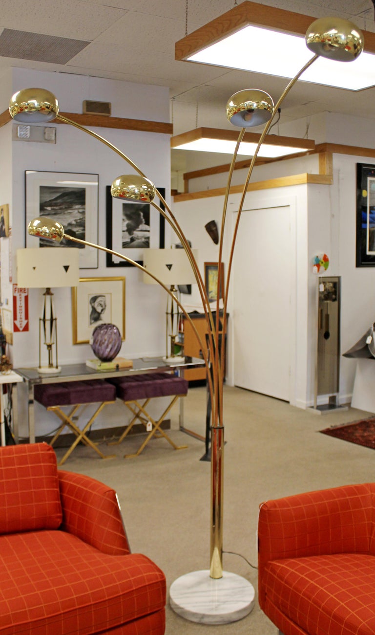 Mid-Century Modern Five Arm Arc Brass Floor Lamp White Italian Marble ...