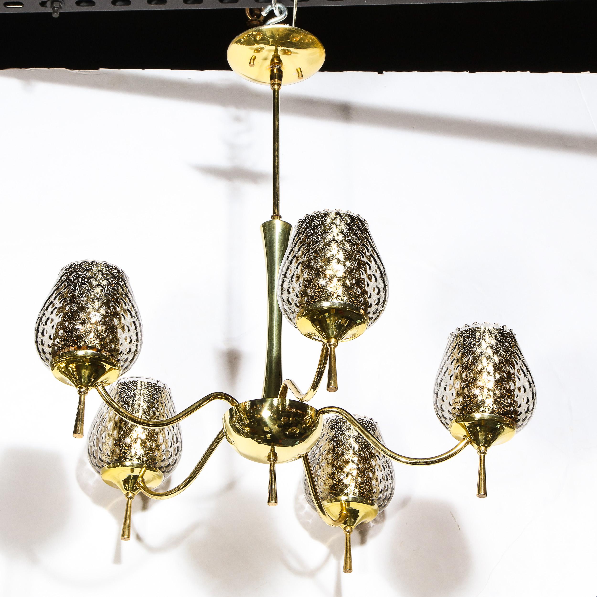 Mid Century Modern Five Arm Brass & Smoked Textured Murano Glass Chandelier For Sale 4