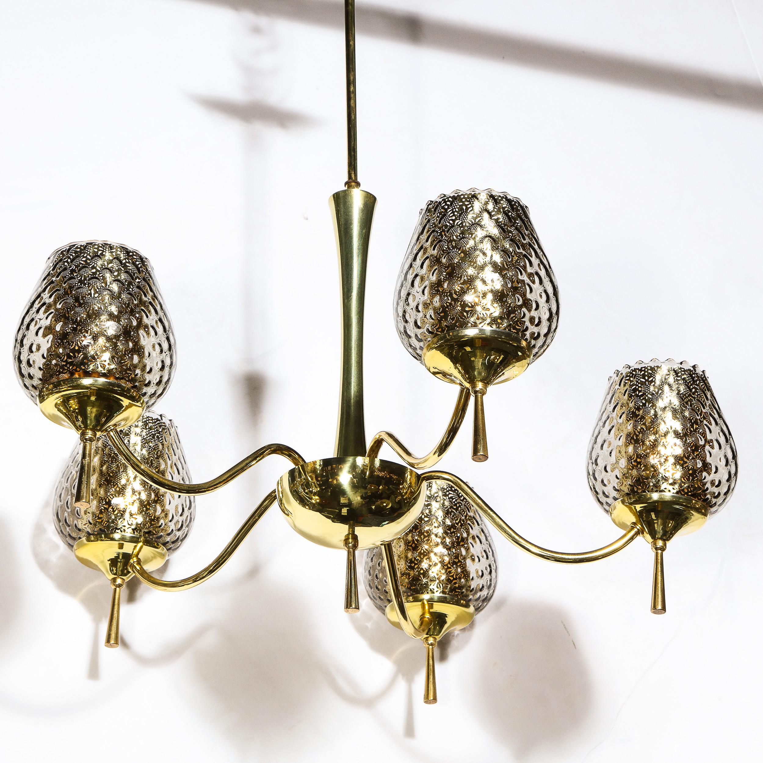 Mid Century Modern Five Arm Brass & Smoked Textured Murano Glass Chandelier For Sale 5