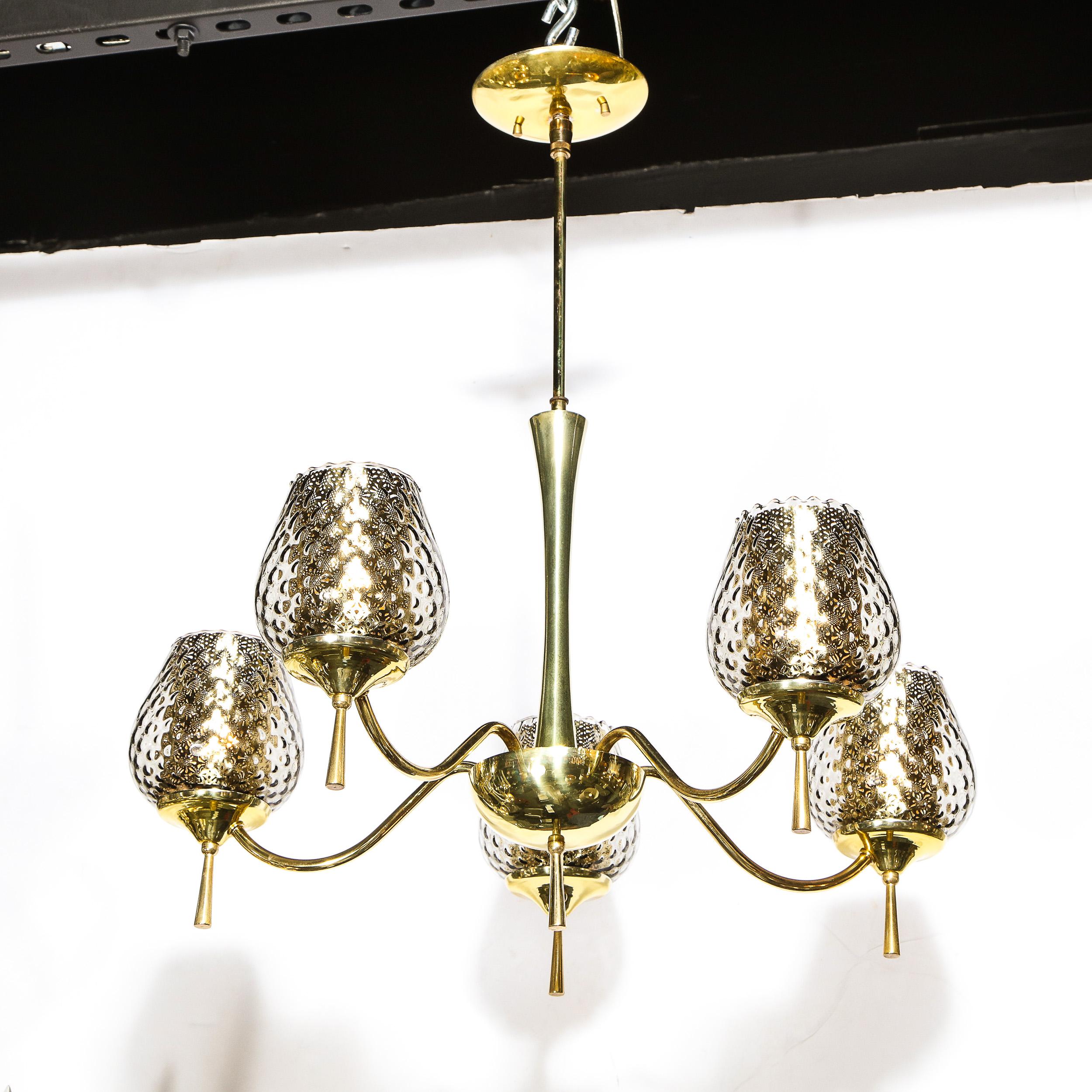 Mid Century Modern Five Arm Brass & Smoked Textured Murano Glass Chandelier For Sale 6