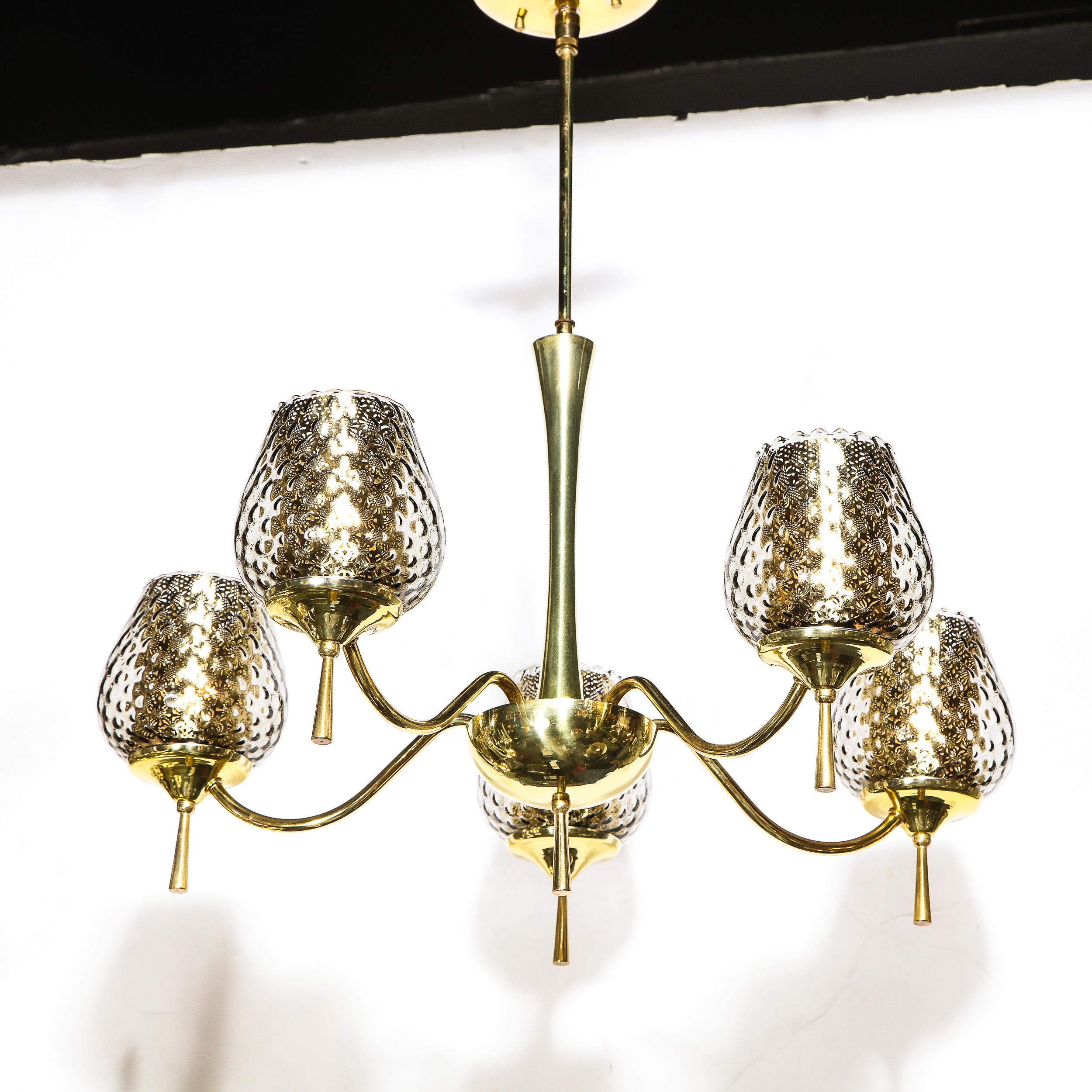Mid Century Modern Five Arm Brass & Smoked Textured Murano Glass Chandelier For Sale 7