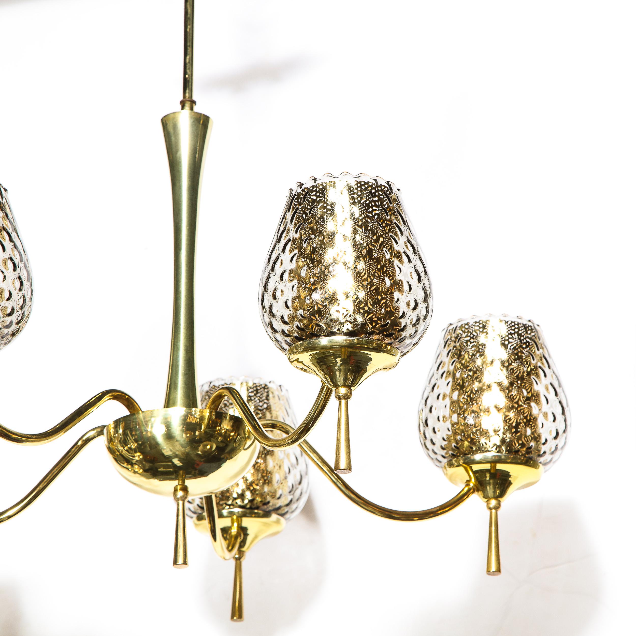 Mid Century Modern Five Arm Brass & Smoked Textured Murano Glass Chandelier For Sale 8