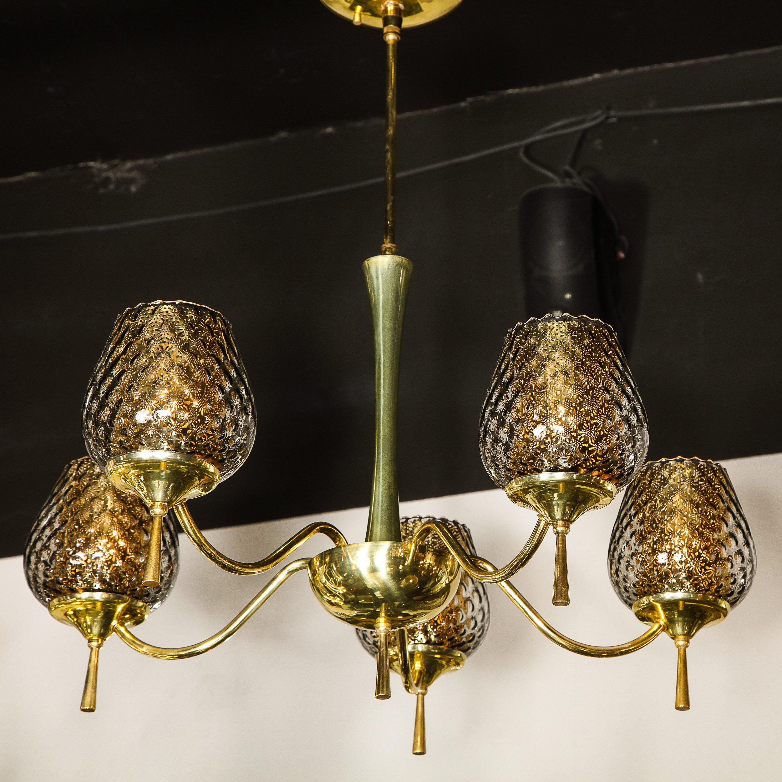 Mid Century Modern Five Arm Brass & Smoked Textured Murano Glass Chandelier For Sale 9