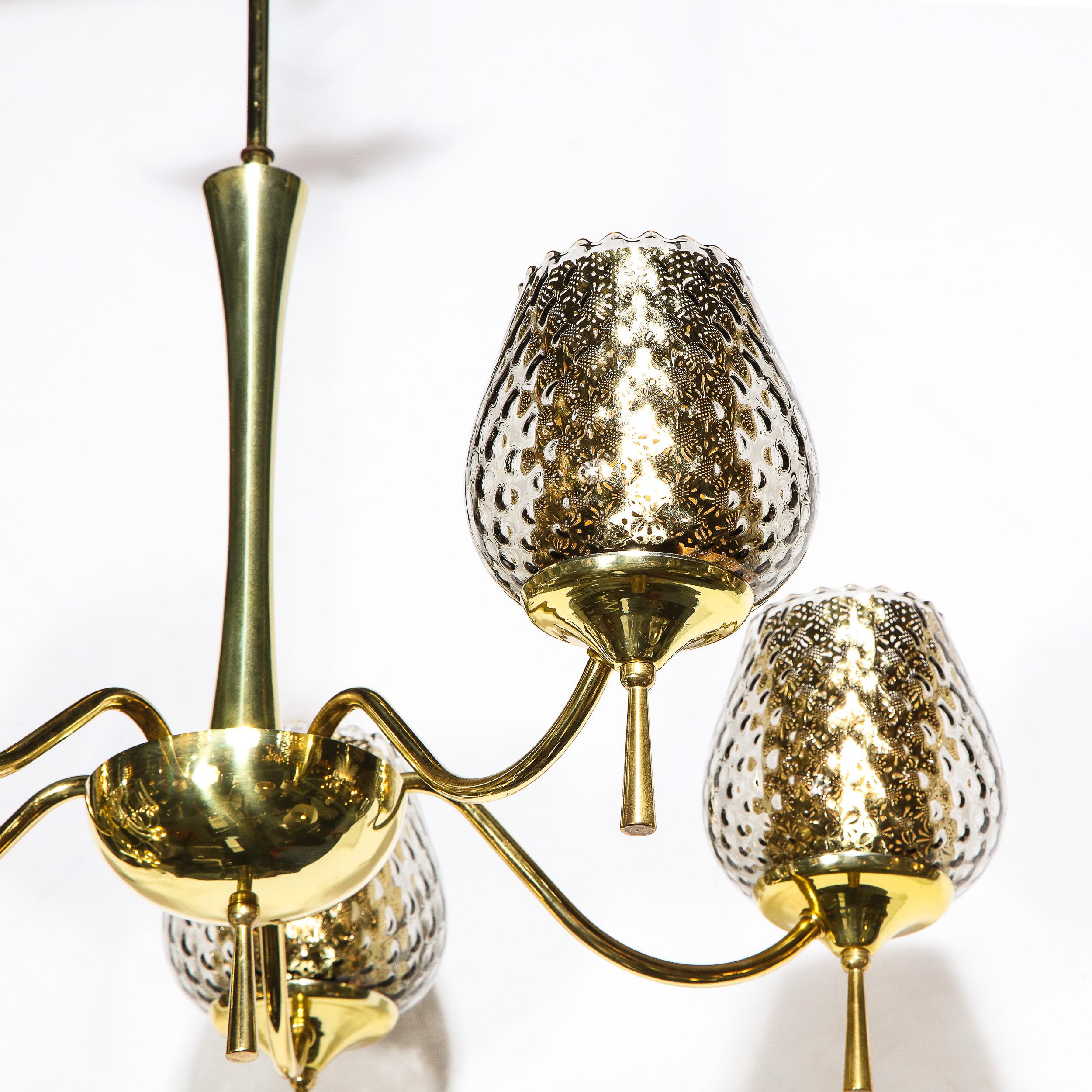 Mid Century Modern Five Arm Brass & Smoked Textured Murano Glass Chandelier In Excellent Condition For Sale In New York, NY