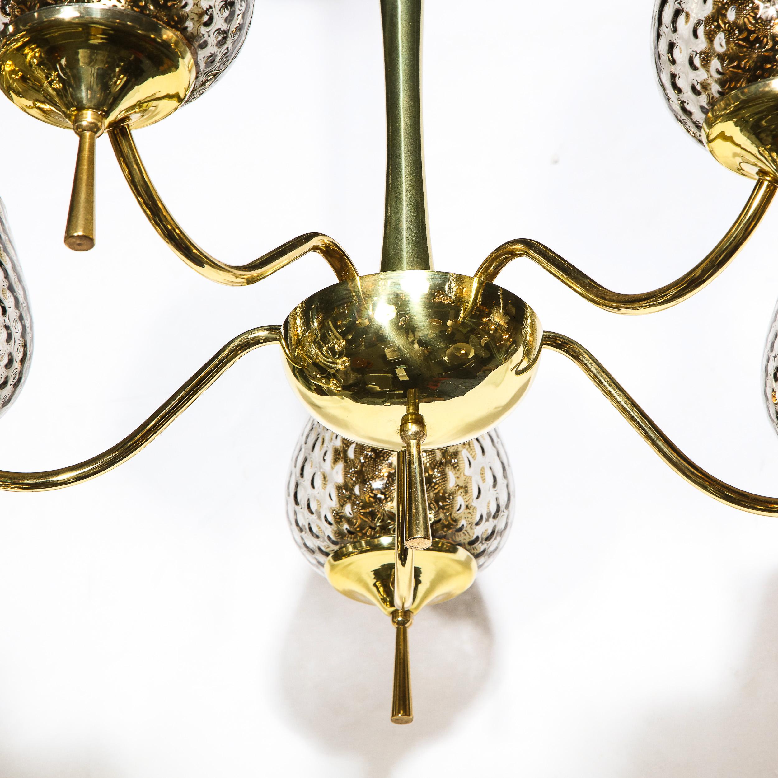 Mid-20th Century Mid Century Modern Five Arm Brass & Smoked Textured Murano Glass Chandelier For Sale