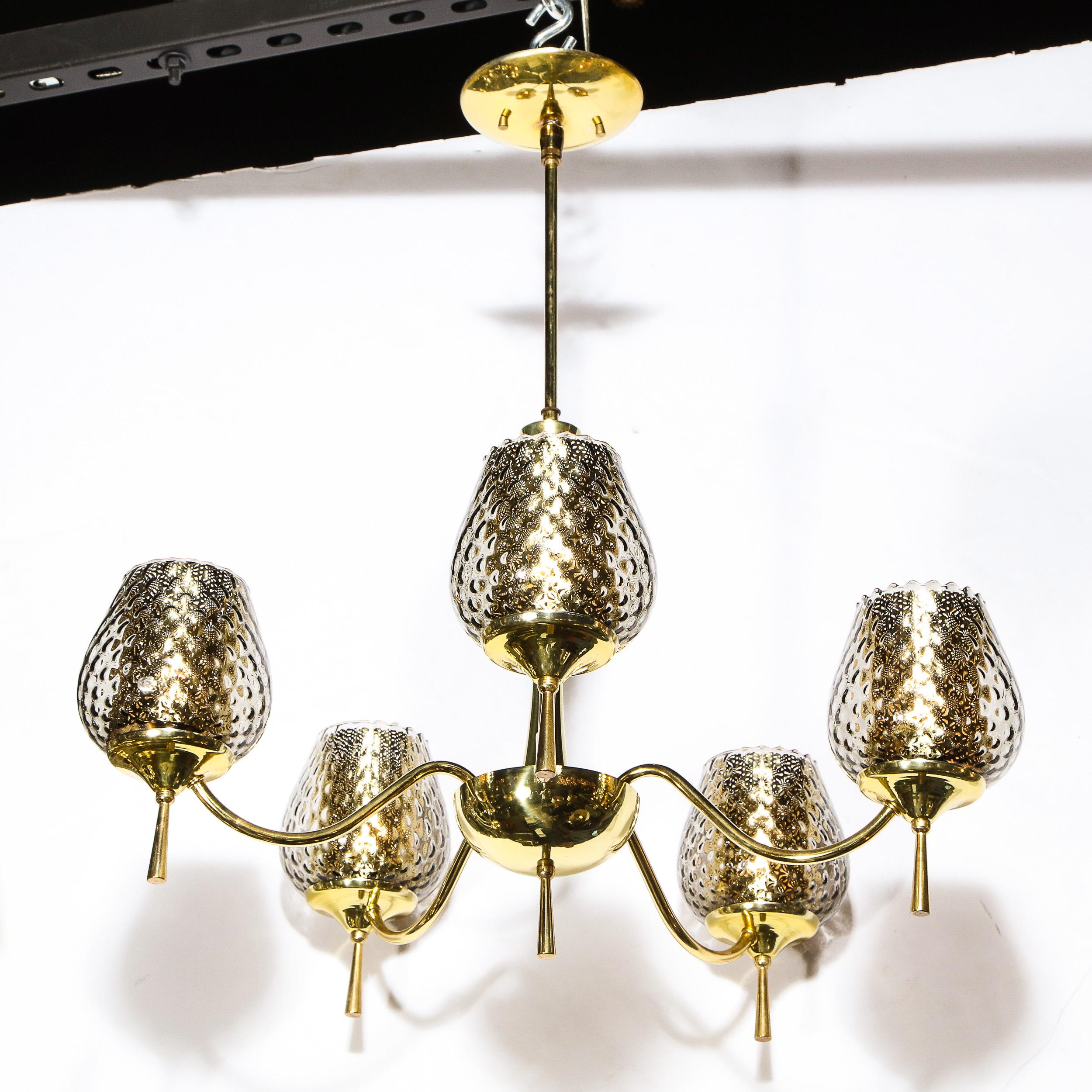 Mid Century Modern Five Arm Brass & Smoked Textured Murano Glass Chandelier For Sale 2