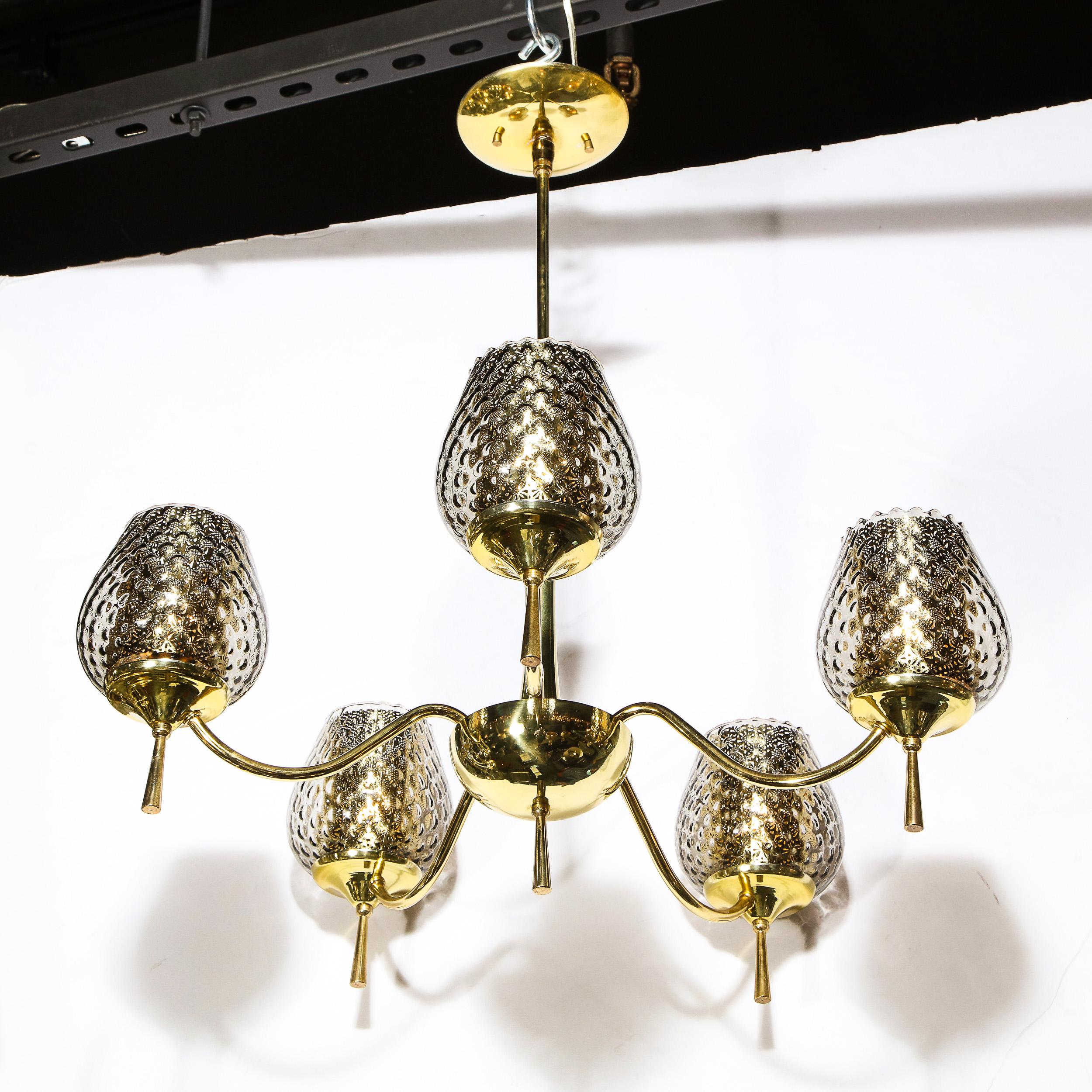 Mid Century Modern Five Arm Brass & Smoked Textured Murano Glass Chandelier For Sale 3