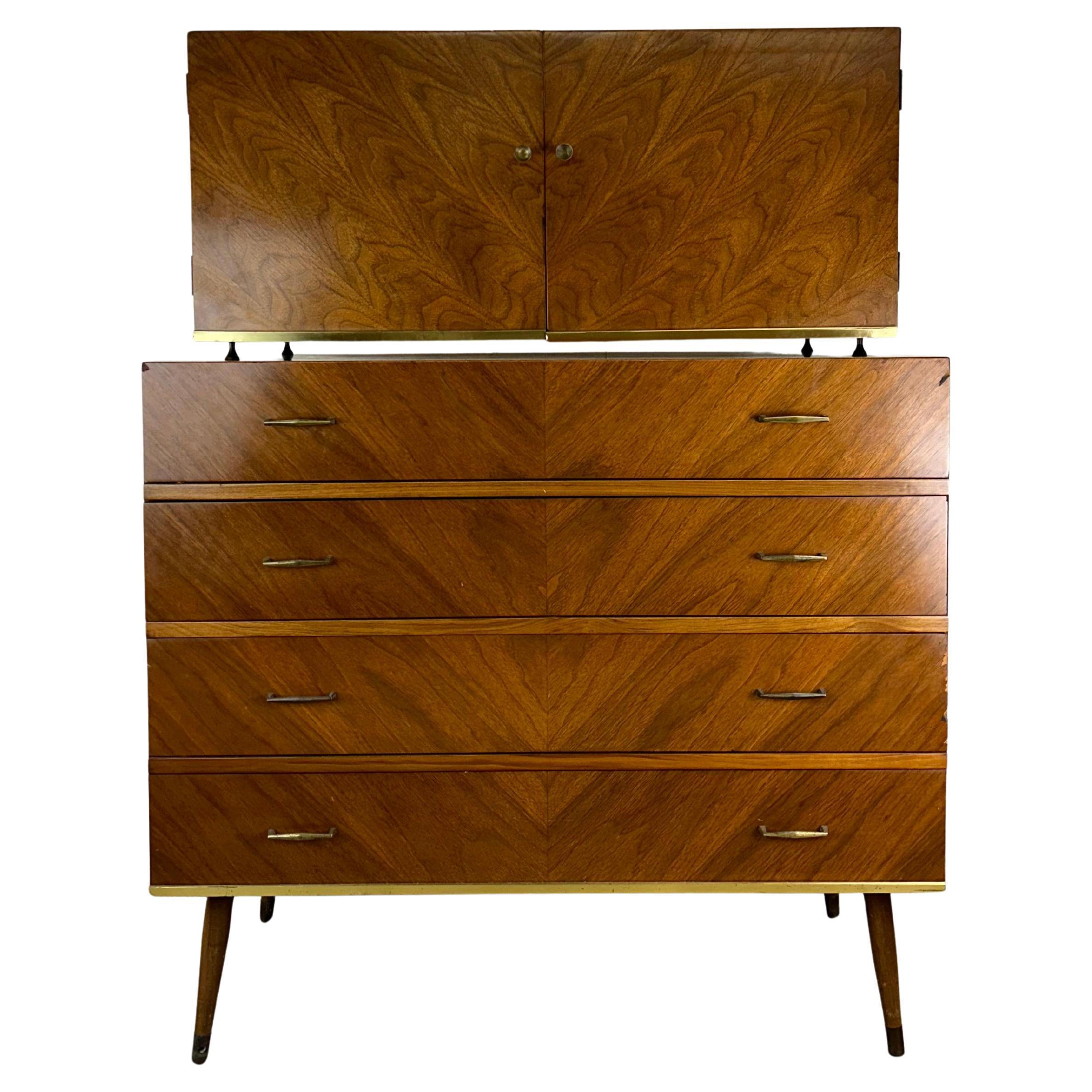 Mid Century Modern Five Drawer Highboy Dresser with Brass Accents