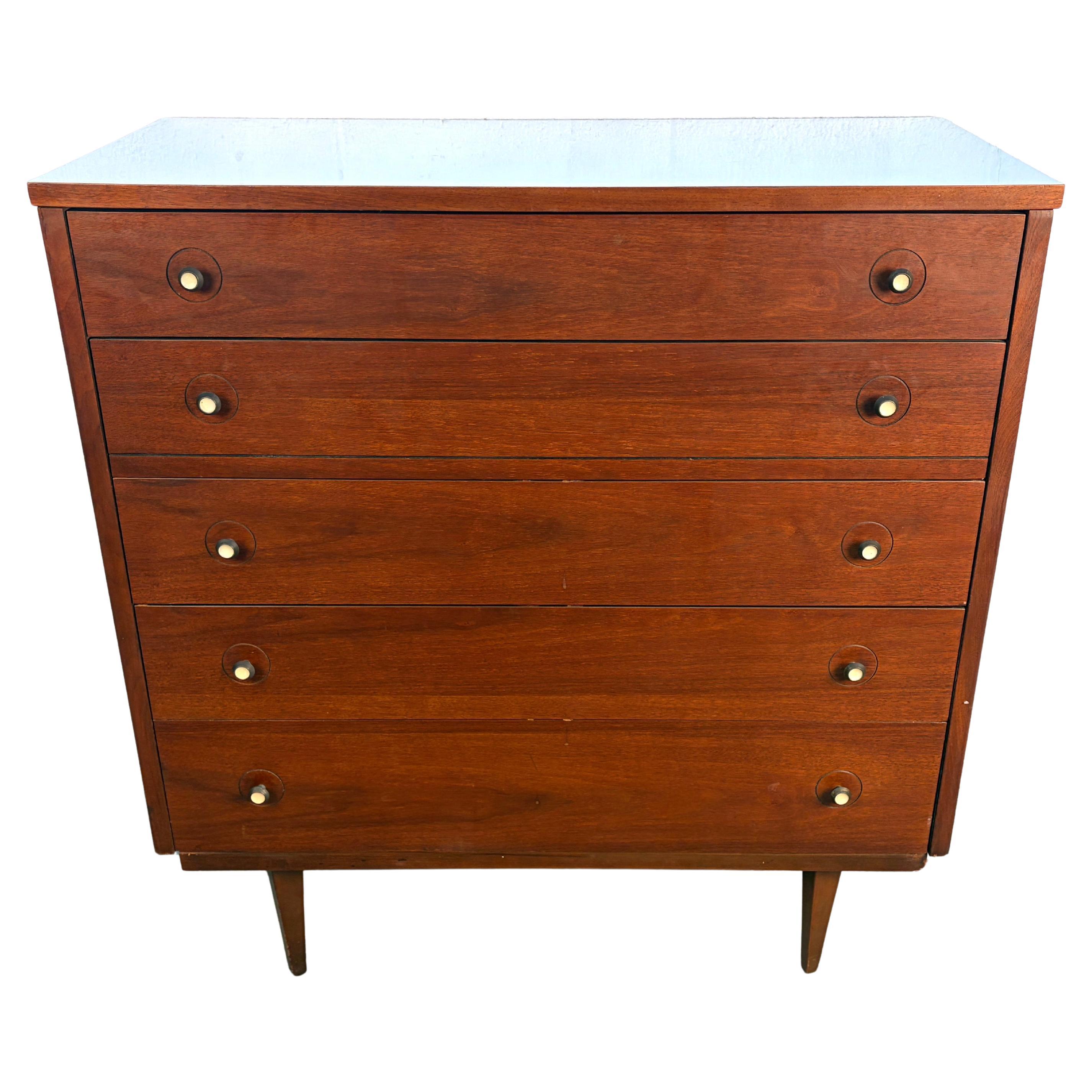 Mid-Century Modern Five-Drawer Walnut Dresser with Laminate Top