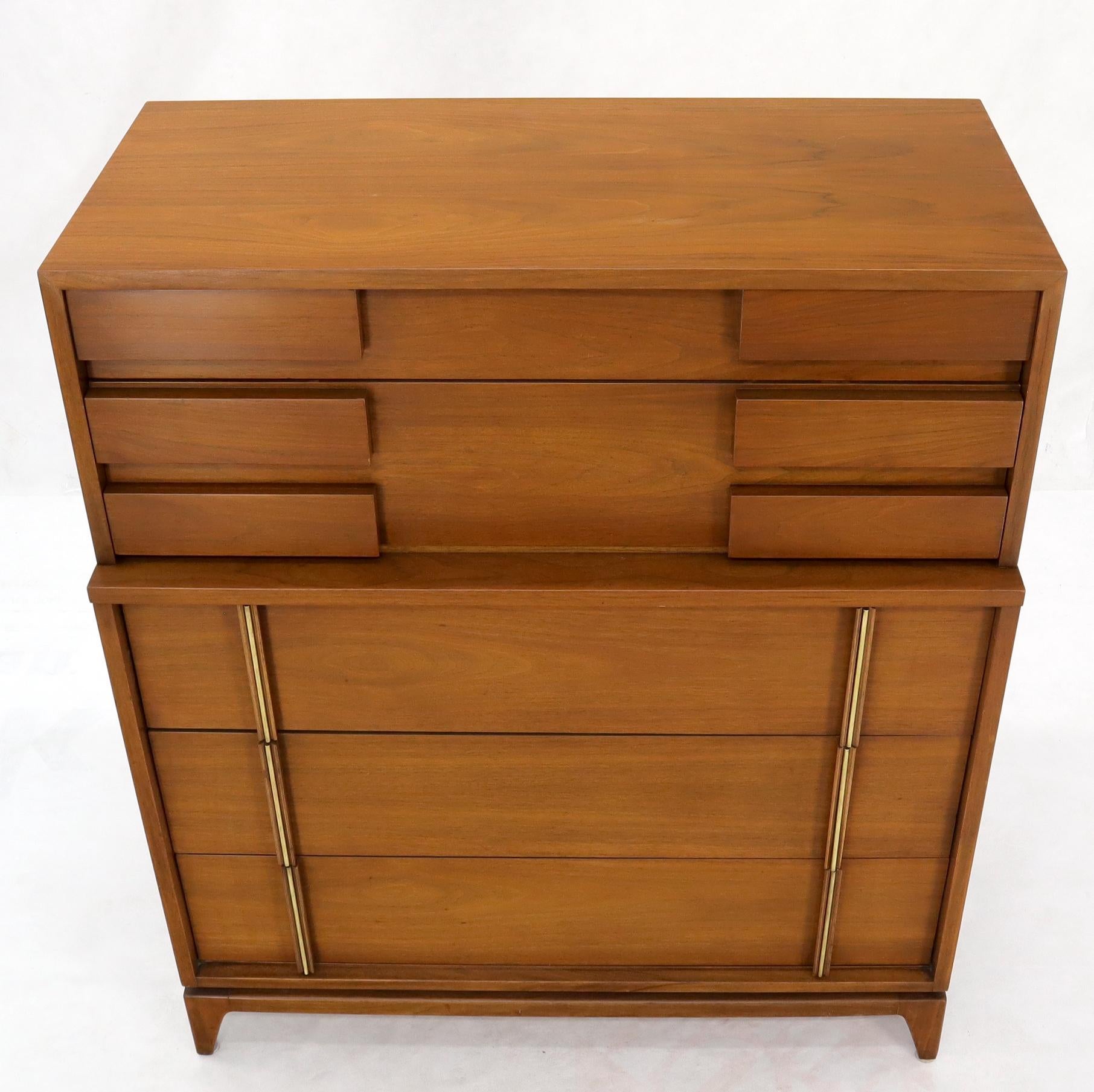 American Mid-Century Modern Five Drawers High Chest Dresser with Brass Accents For Sale