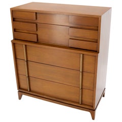 Mid-Century Modern Five Drawers High Chest Dresser with Brass Accents