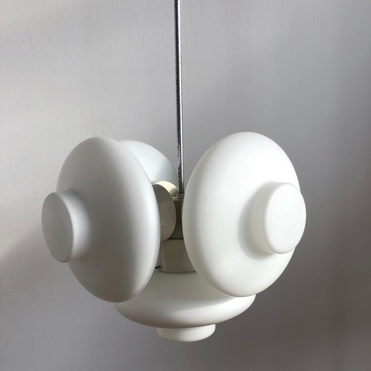 Czech Mid-Century Modern Five Milk Glass Shade Chandelier, 1960s For Sale