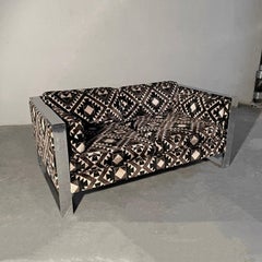 Mid-Century Modern Flat Bar Chrome Aztec Velvet Loveseat Sofa