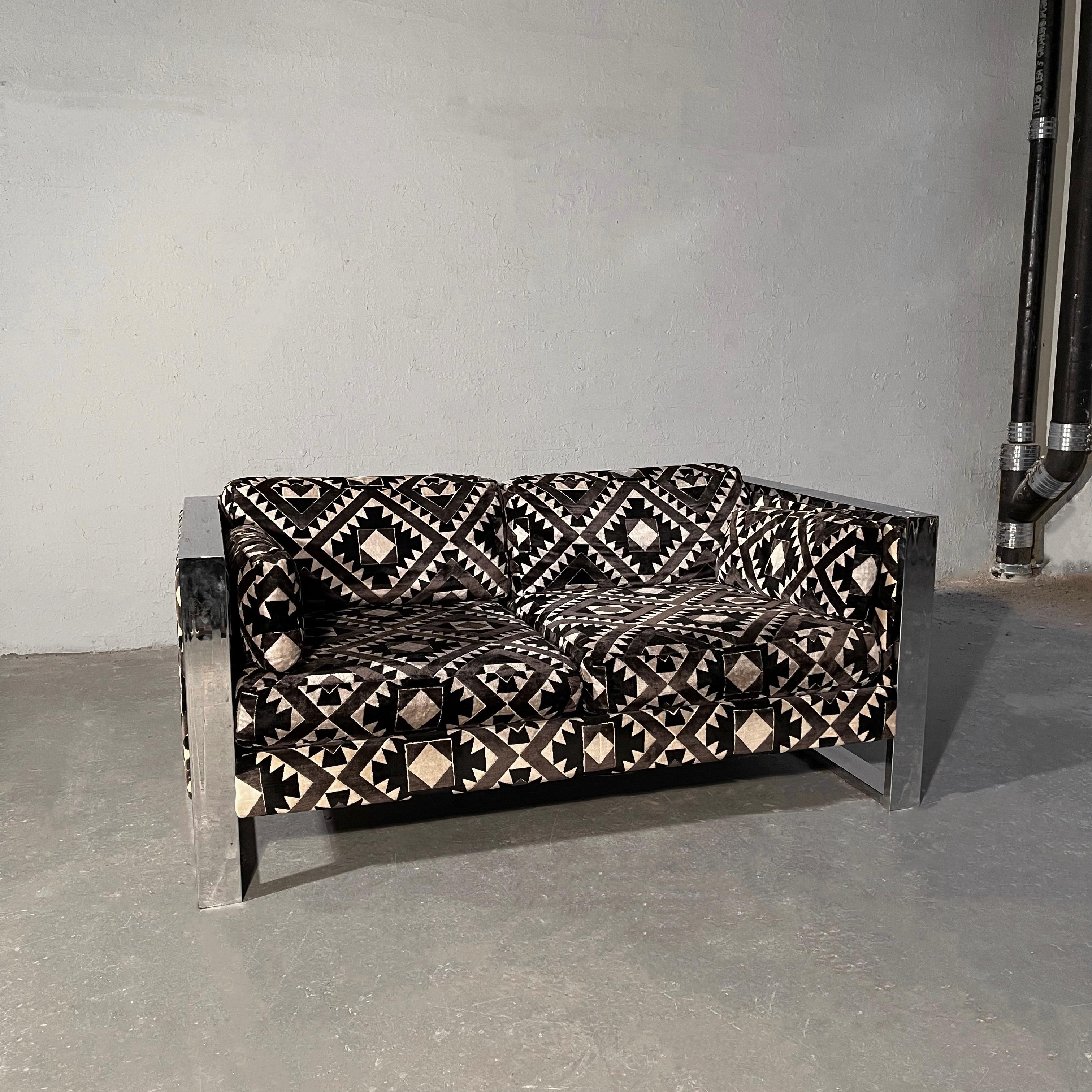 American Mid-Century Modern Flat Bar Chrome Aztec Velvet Loveseat Sofa