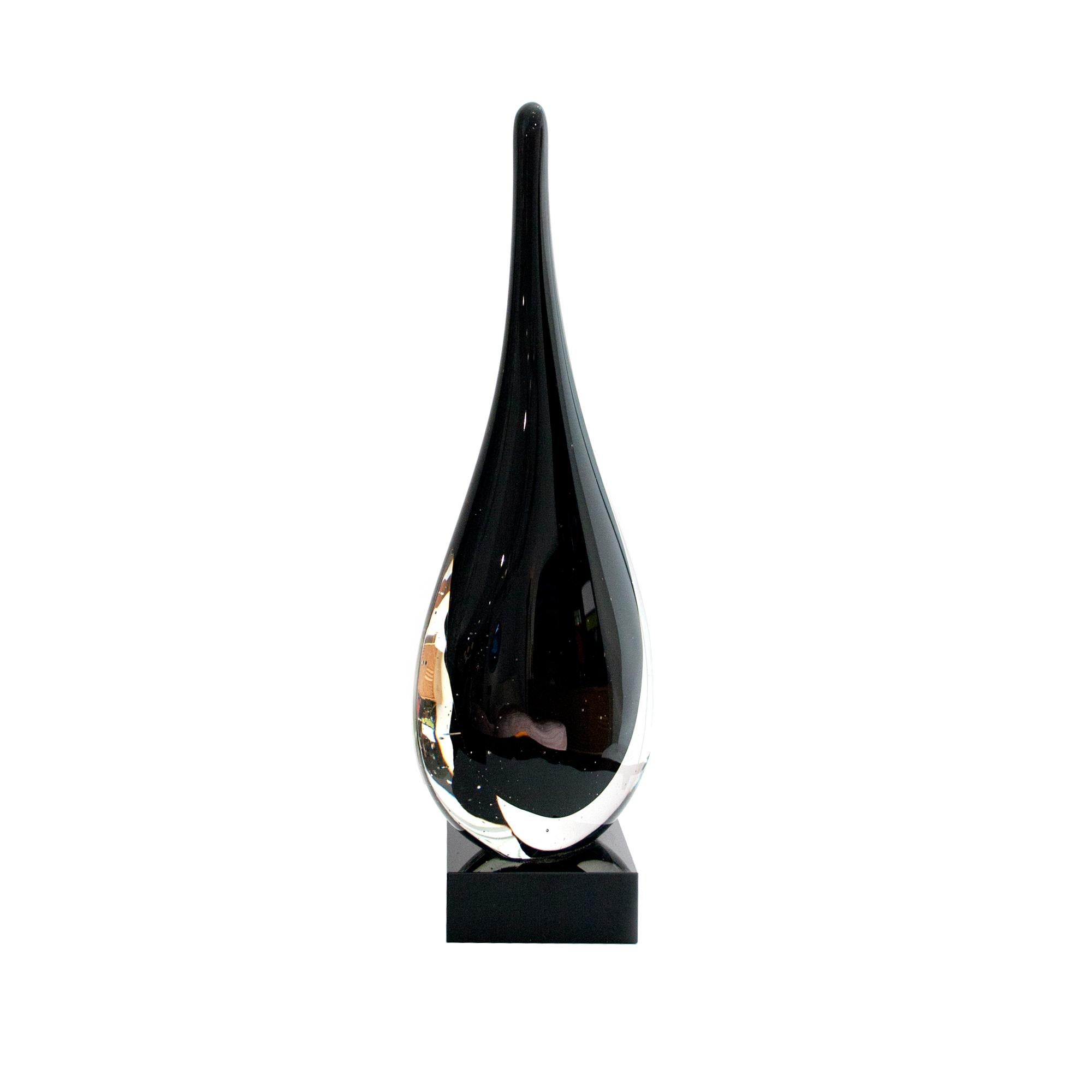 Hand crafted transparent and black Murano glass abstract sculpture.