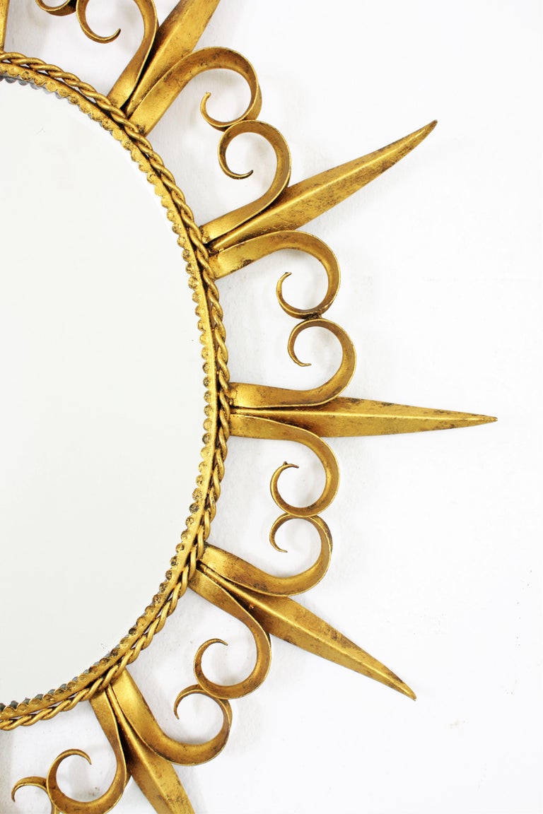 MidCentury Modern FleurdeLys Gilt Iron Sunsburst Mirror, Spain